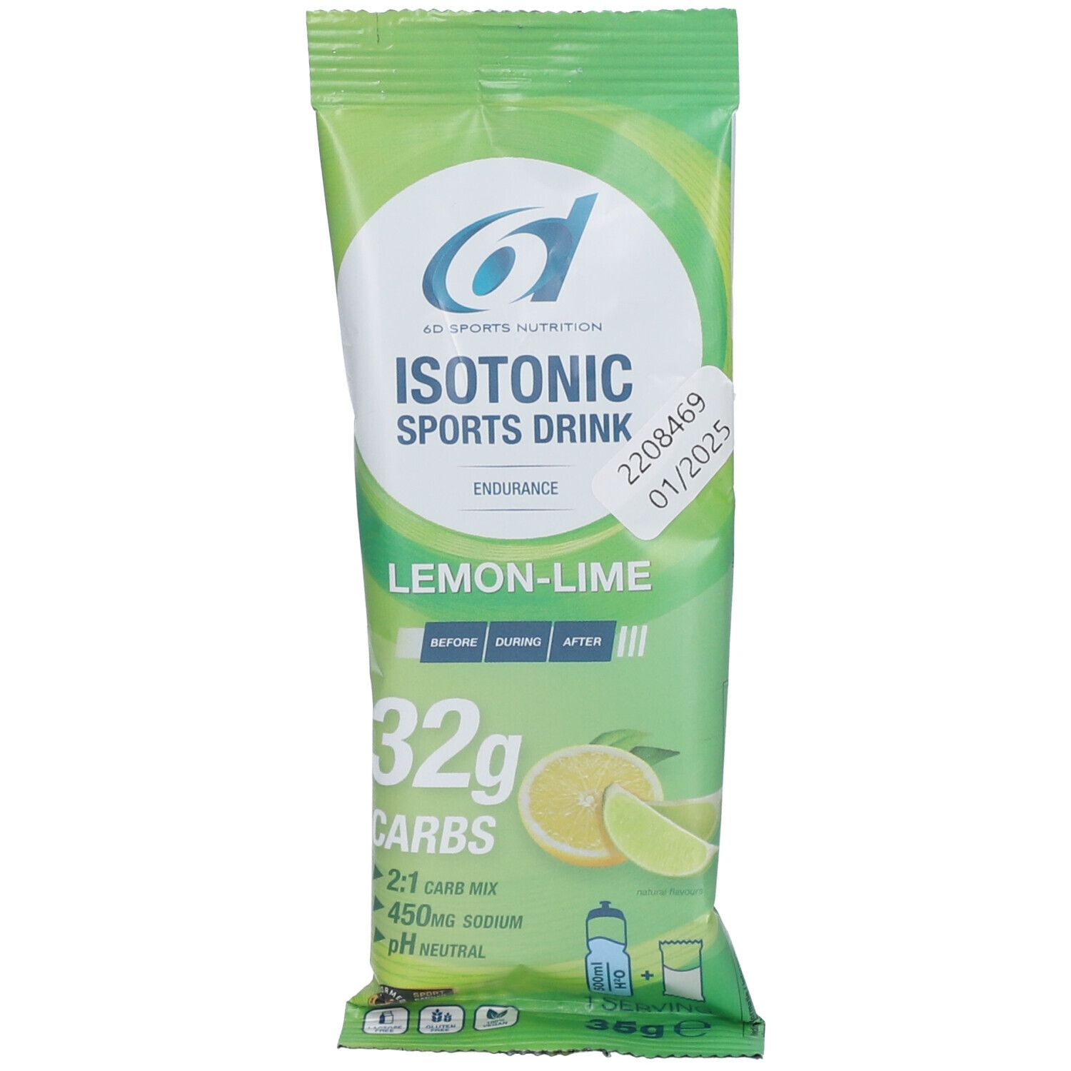 Sachet vert avec "ISOTONIC SPORTS DRINK". Goût citron-vert. Contient 32g de glucides. Date de péremption : 01/2025.