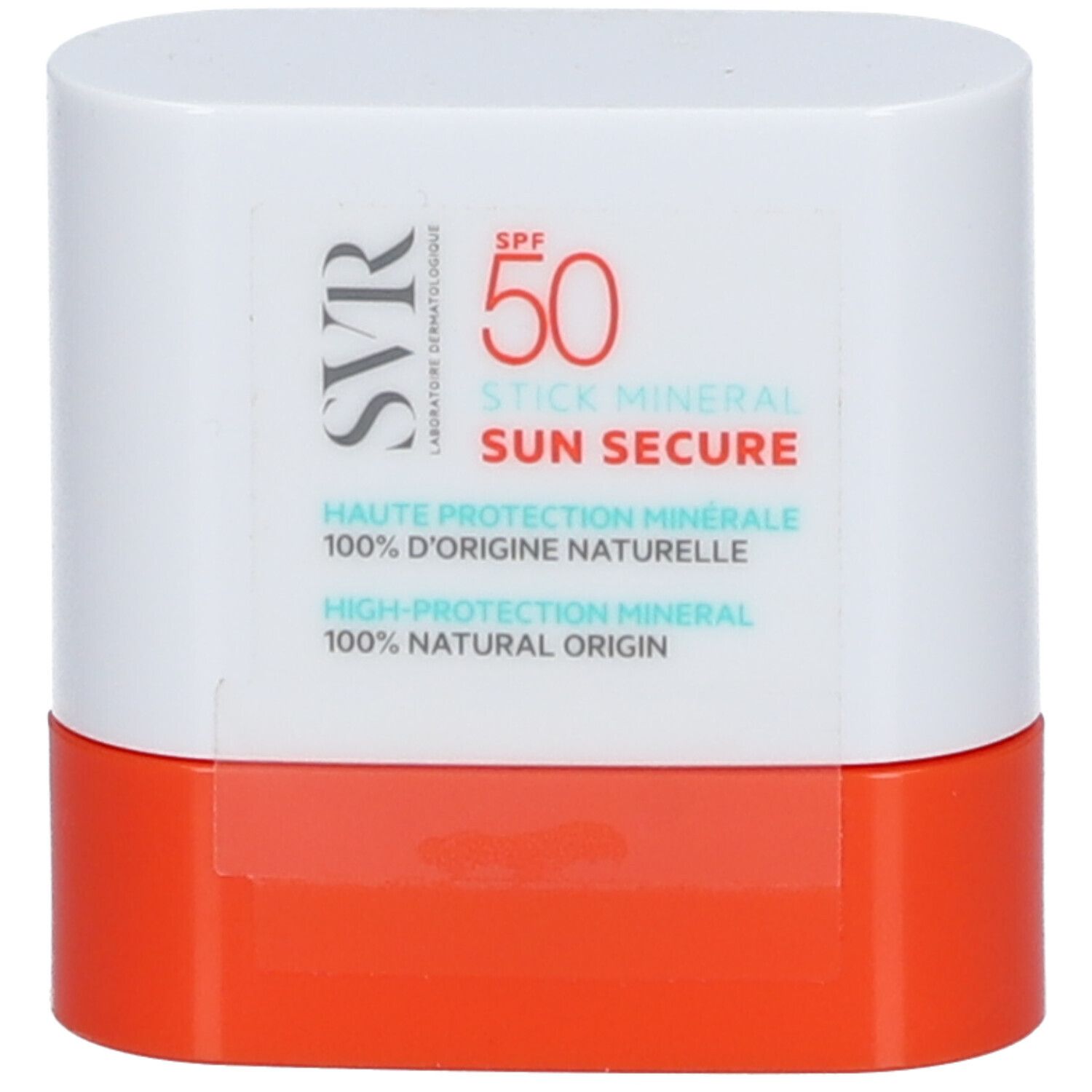 Stick blanc et orange. Inscriptions: SVR, SPF 50, SUN SECURE, Stick Minéral. Protection solaire minérale.