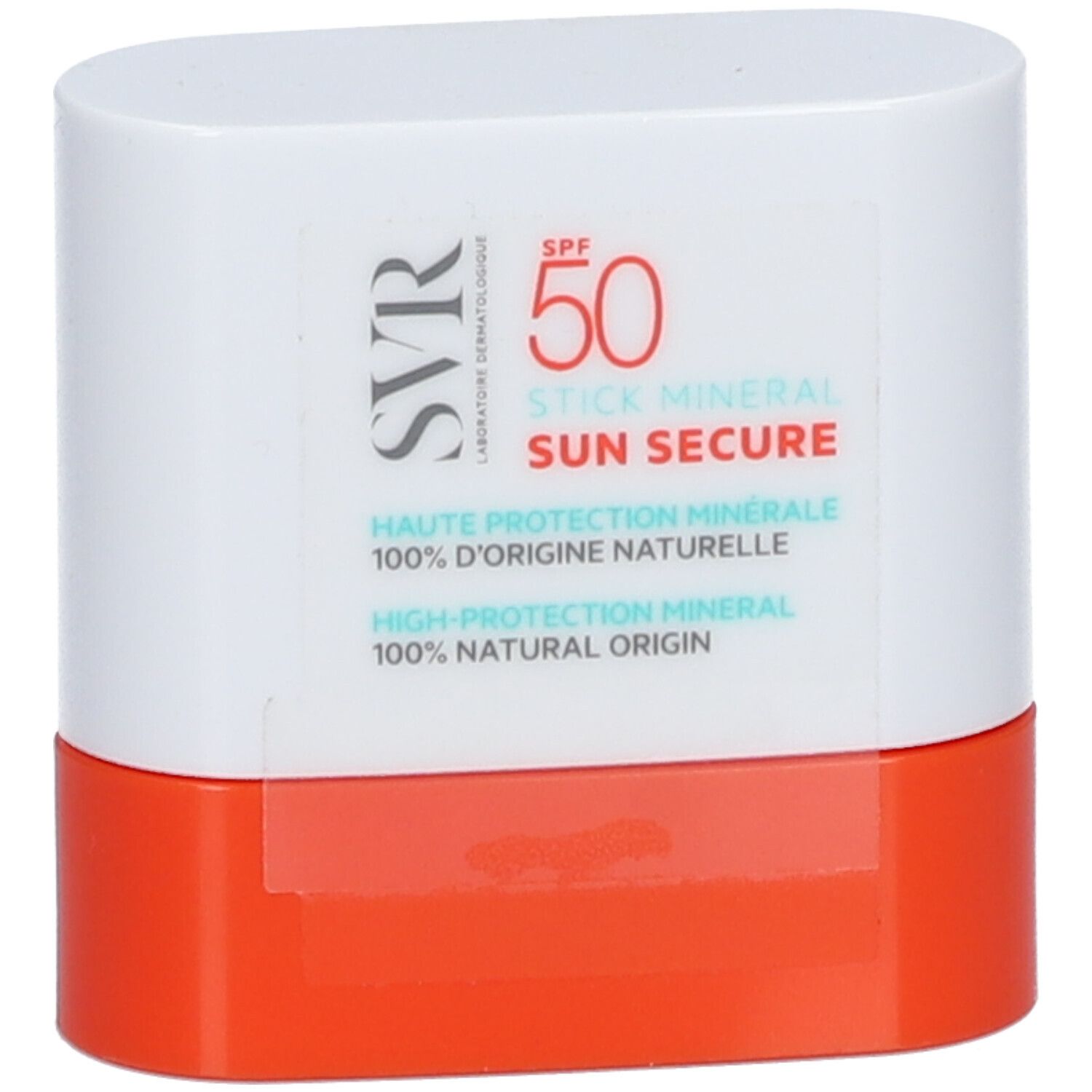 Stick blanc et orange. Inscriptions: SVR, SPF 50, SUN SECURE, Stick Minéral. Protection solaire minérale.