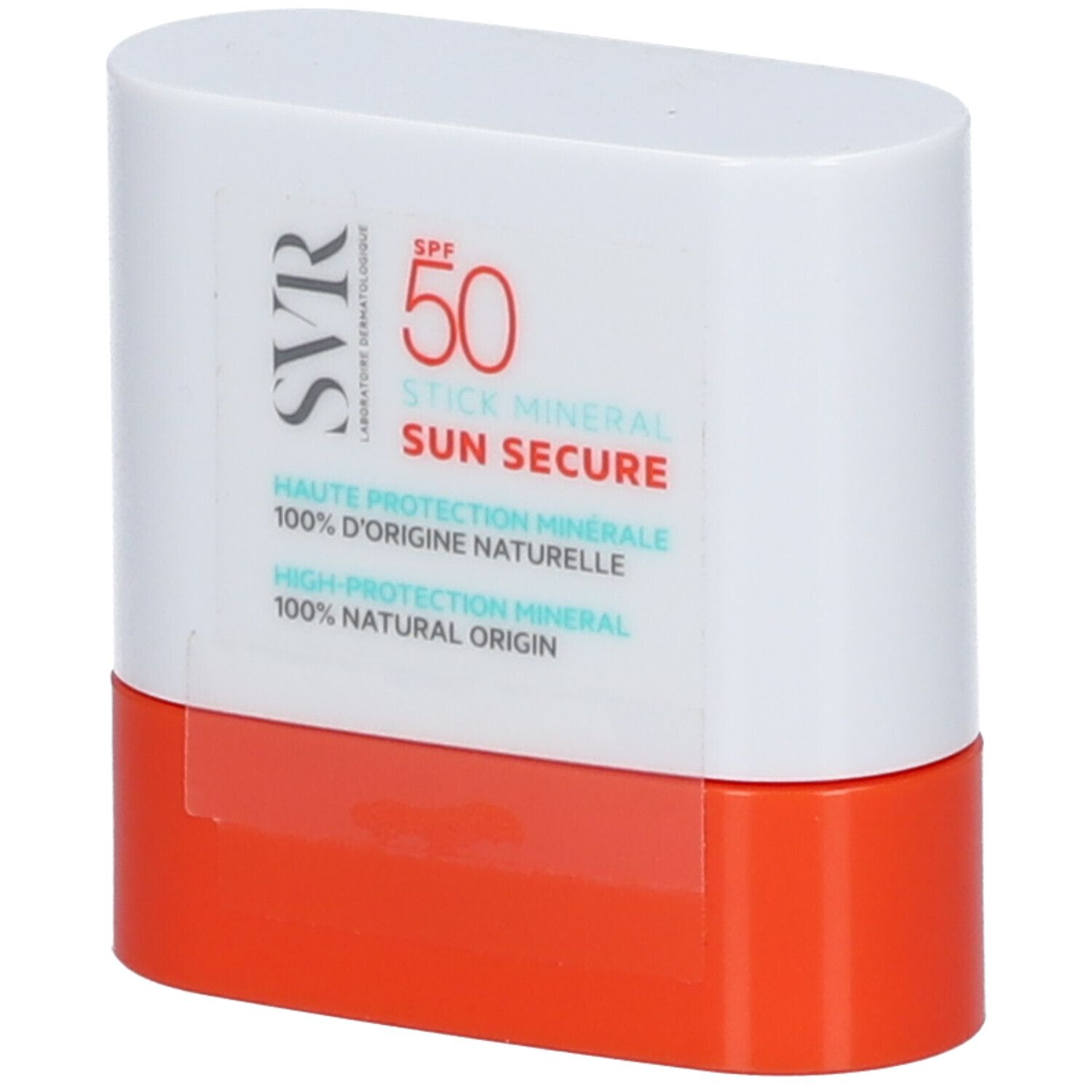 Stick blanc et orange. Inscriptions: SVR, SPF 50, SUN SECURE, Stick Minéral. Protection solaire minérale.