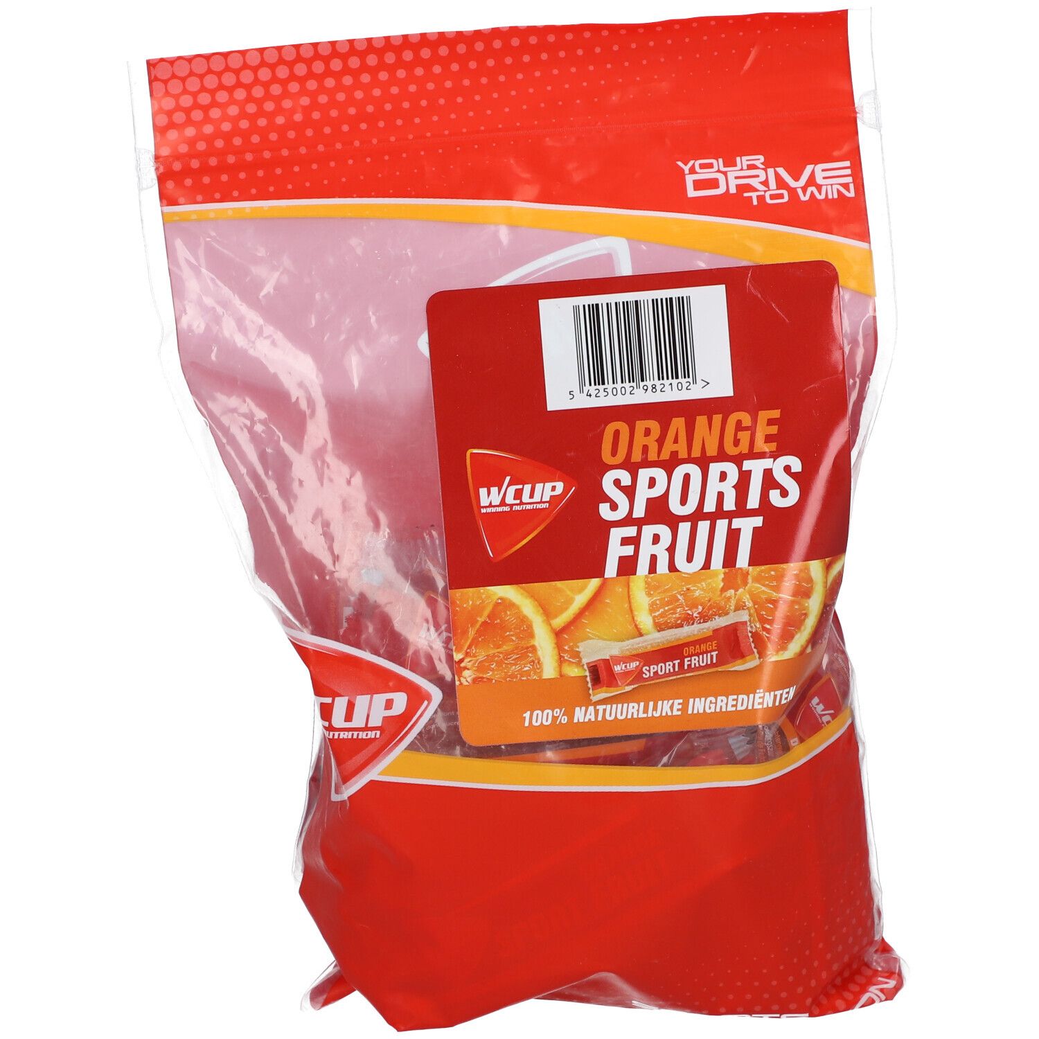 Emballage de produit de fruits sportifs orange. Inscription : Wcup, Orange Sports Fruit. Contient 100% d'ingrédients naturels.