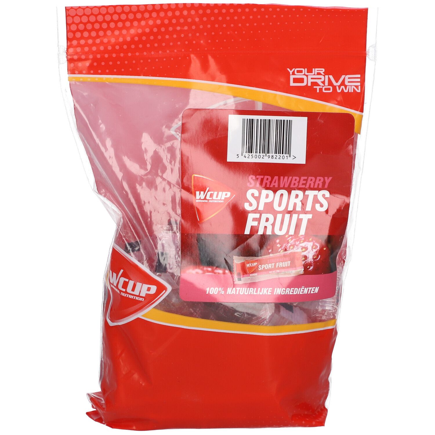 WCUP Sports Fruit, barres à la fraise, emballage rouge. Nom du produit, code-barres et emballage transparent visibles.