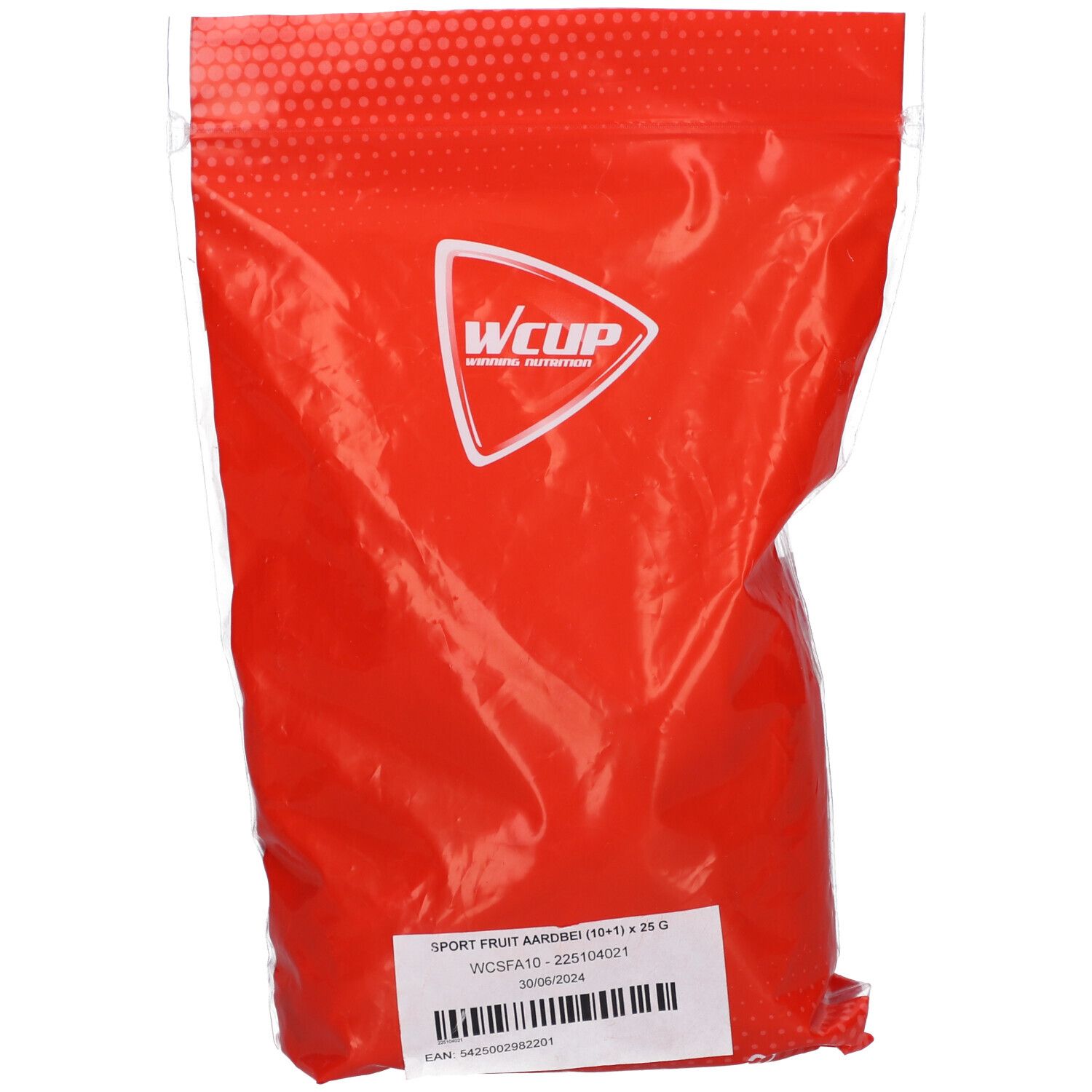 Emballage rouge avec logo WCUP. Étiquette avec informations produit et code-barres. Nom du produit: Sport Fruit aardbei.