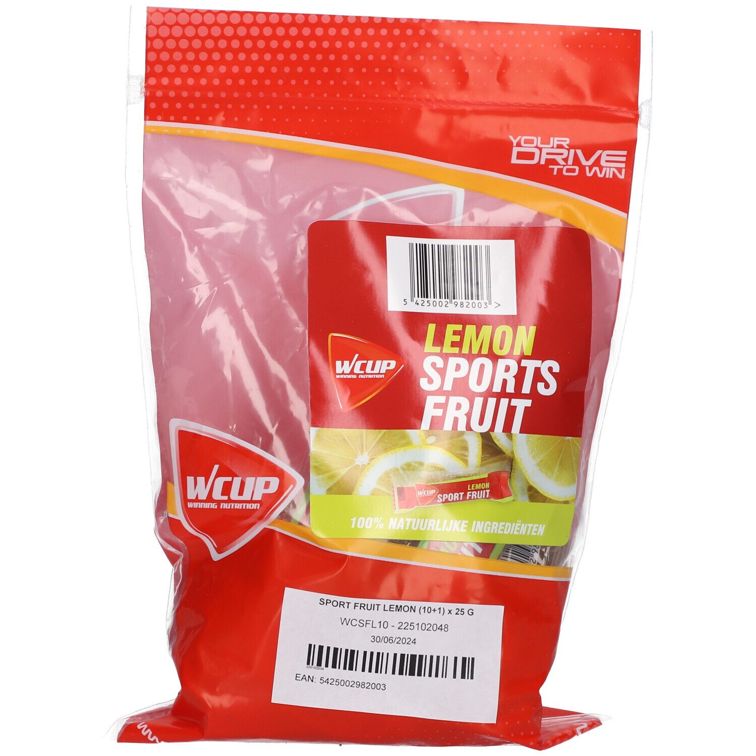 Emballage de Wcup Sport Fruit Citron. Sachet rouge avec étiquette produit et code-barres. Inscription : Lemon Sports Fruit.