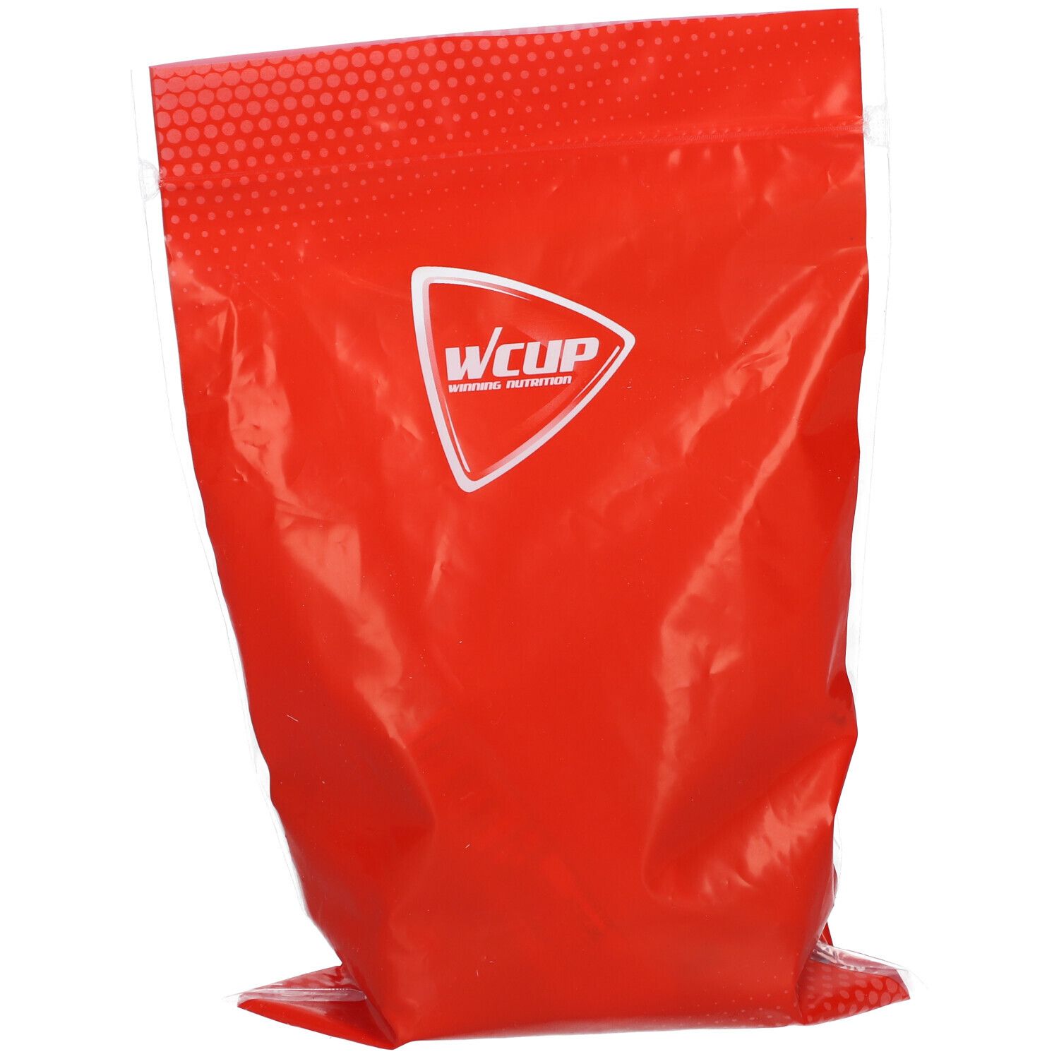 Sachet rouge avec logo Wcup blanc. Moitié supérieure transparente. Emballage du produit.