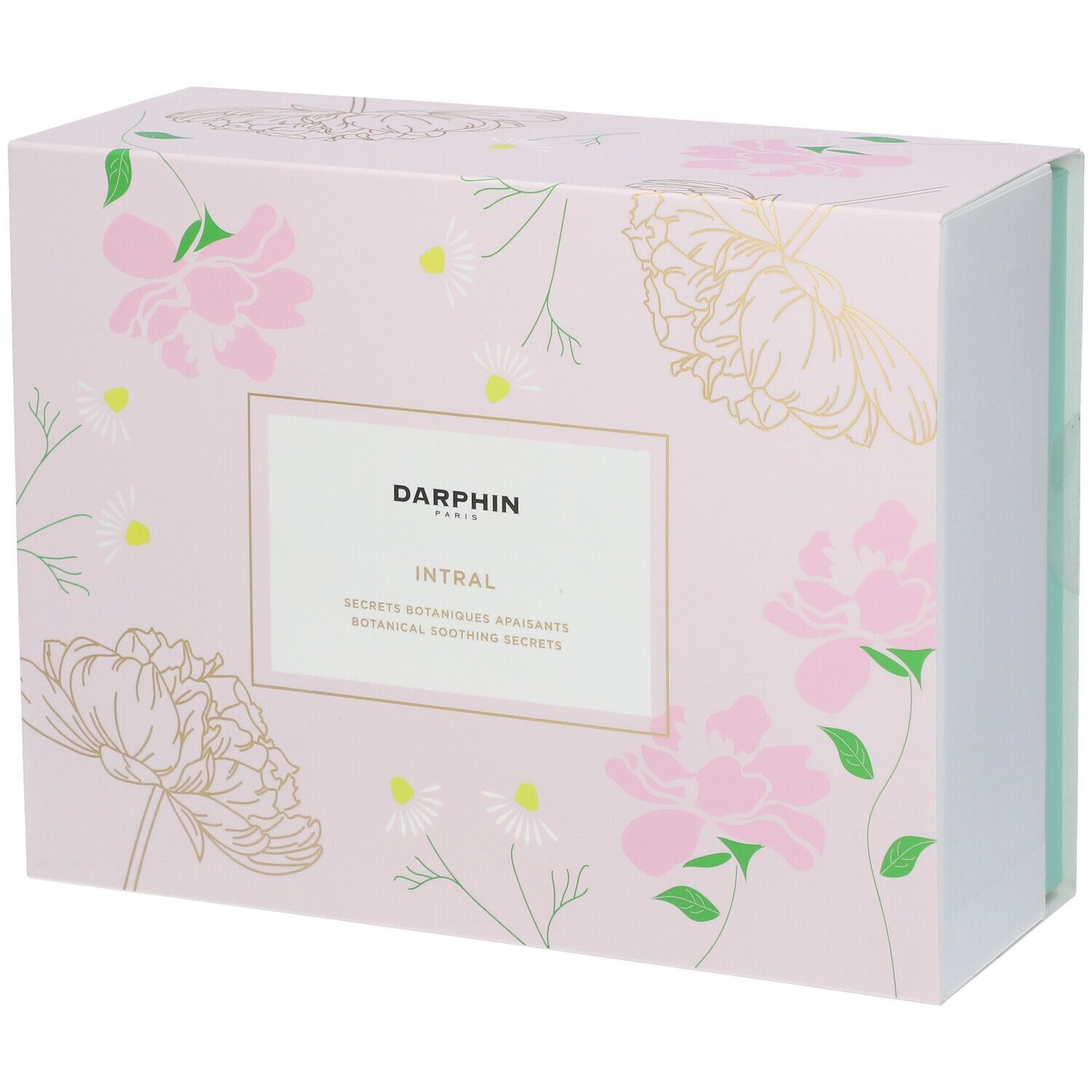 Coffret cadeau rose à motifs floraux. Inscription: DARPHIN INTRAL. Emballage rectangulaire avec couvercle.