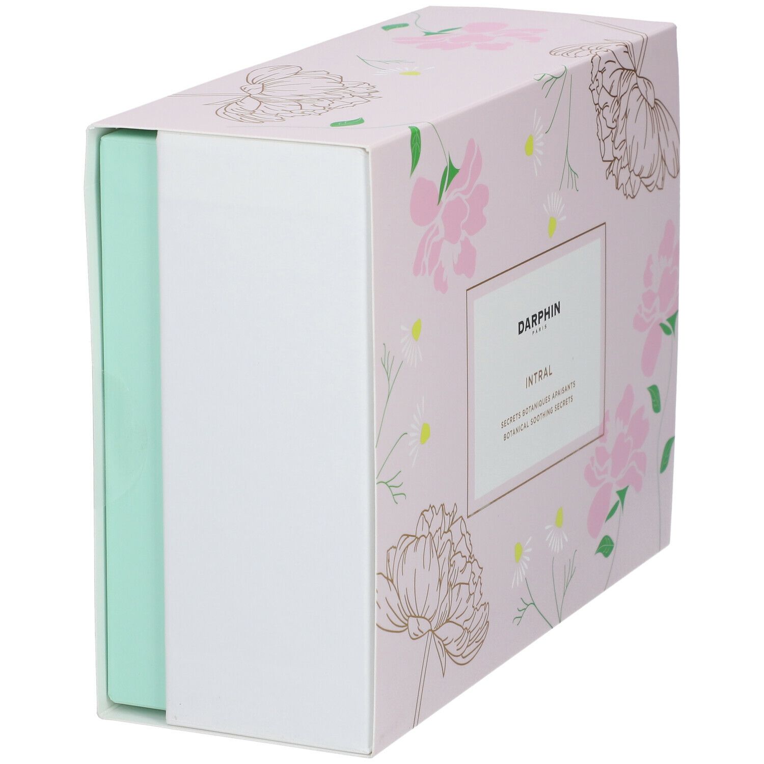 Coffret cadeau floral rose, partiellement ouvert. DARPHIN INTRAL. Intérieur: blanc et vert menthe. Emballage rectangulaire.