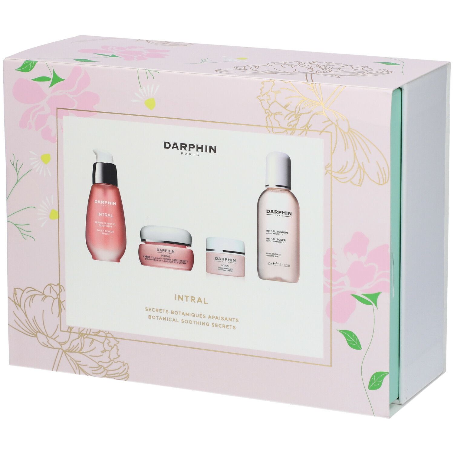 Coffret cadeau avec produits. Emballage rose à motifs floraux. DARPHIN INTRAL. Contient flacons et pots.