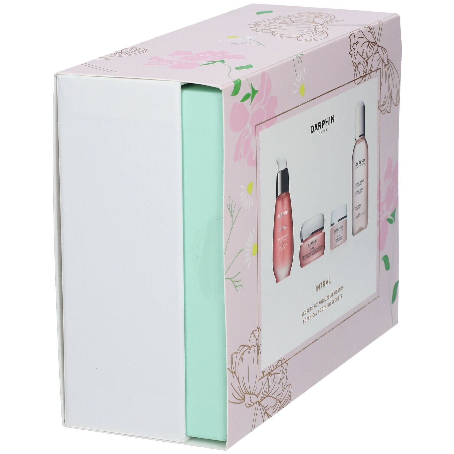 Coffret cadeau, partiellement ouvert. Rose floral. DARPHIN INTRAL. Produits visibles. Emballage rectangulaire.