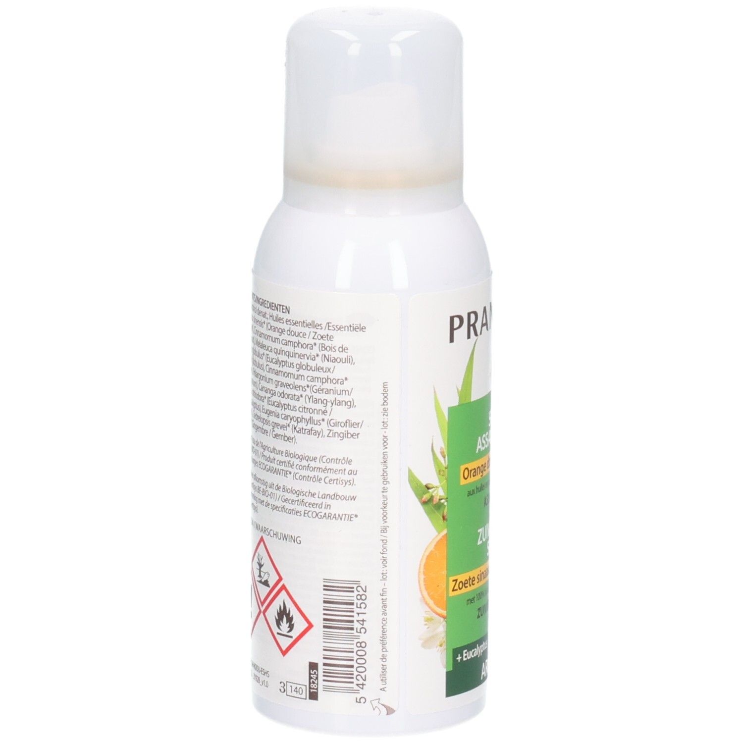 Dos du flacon spray blanc. Texte: Ingrédients, avertissements, symboles de danger. Code-barres. Étiquette avec informations.