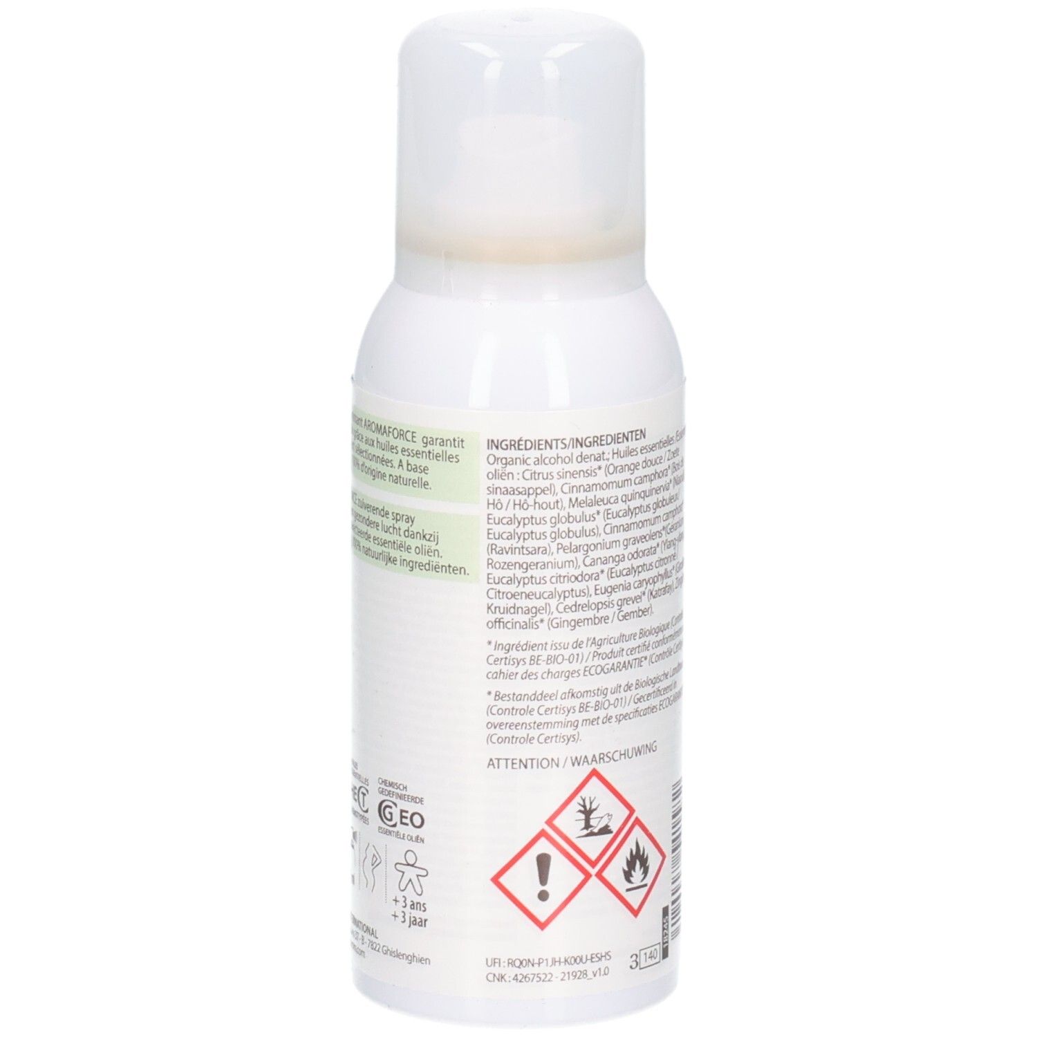 Dos du flacon spray blanc. Texte: Ingrédients, avertissements, symboles de danger. Certifications. Étiquette avec informations.