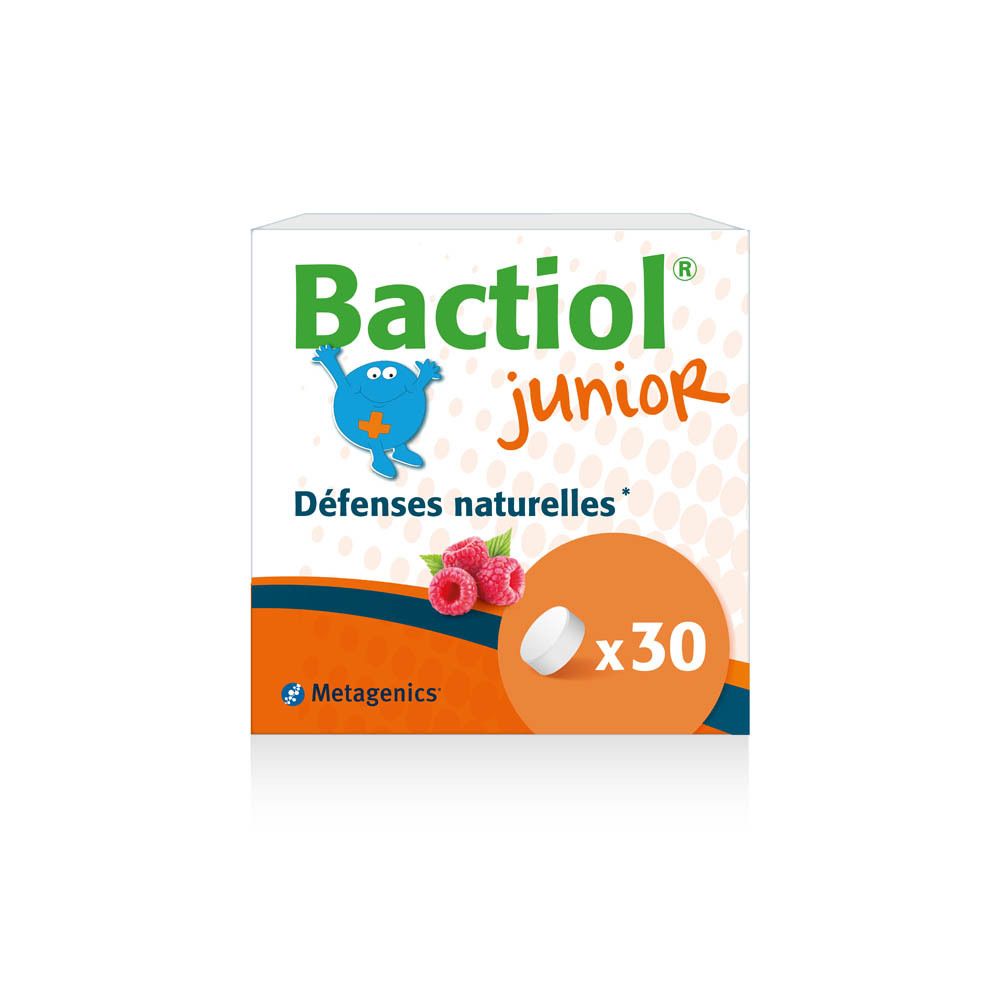 Emballage du produit : boîte. Bactiol Junior, illustration de framboises, 30 comprimés à mâcher. Logo Metagenics.