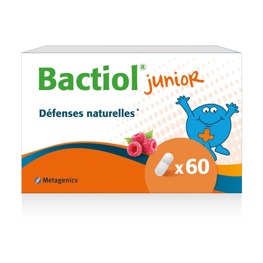 Boîte de Bactiol junior. Inscription: Bactiol junior, 60 gélules, 12g, Défenses naturelles, Natuurlijke weerstand.
