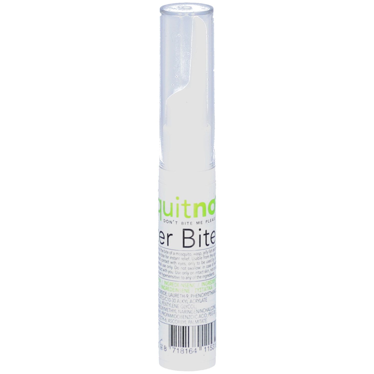 Stylo blanc avec capuchon transparent. Inscription: Mosquitno After Bite. Contient des ingrédients. E10ml.