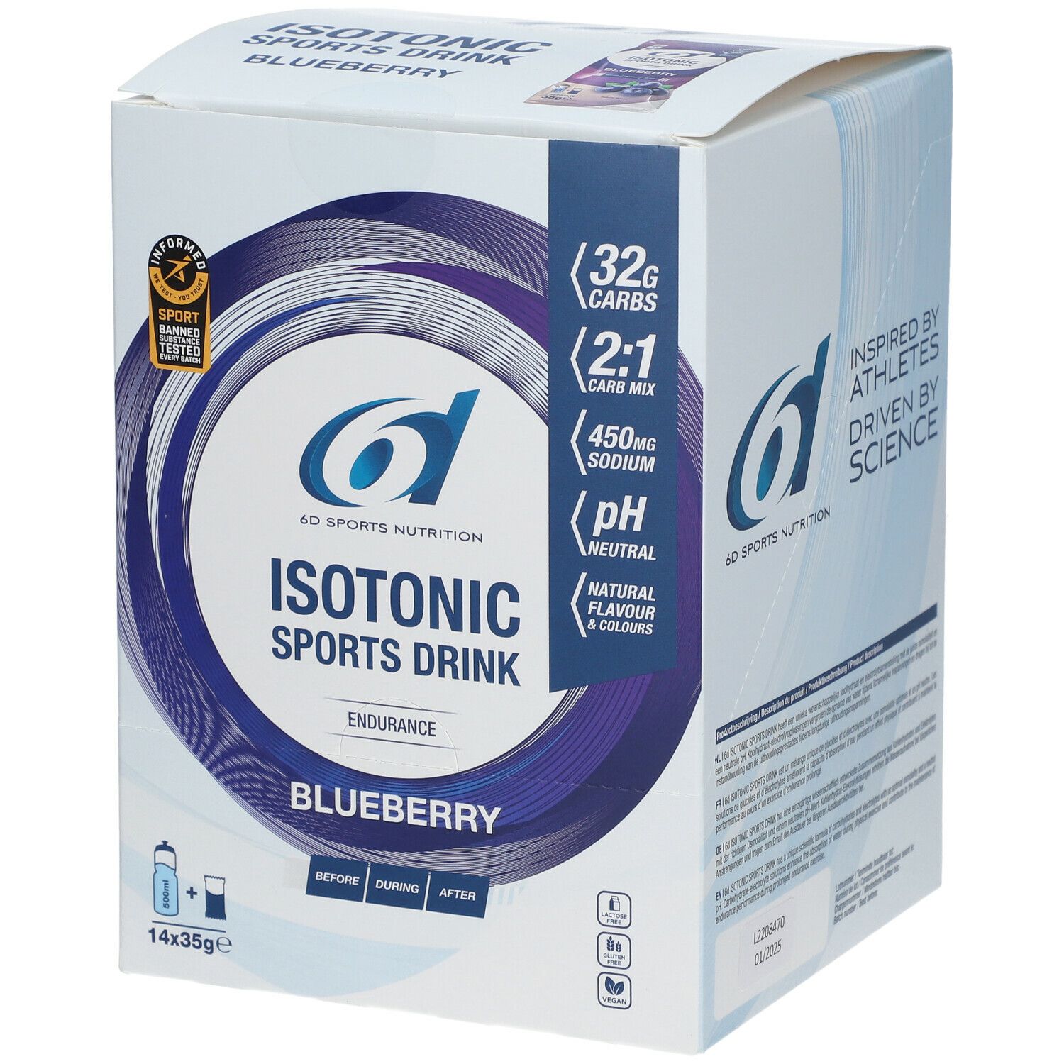 Boîte de boisson sportive isotonique, saveur myrtille. Logo 6D Sports Nutrition. Contient 14 sachets de 35g. Certifié. Informations nutritionnelles et composition.