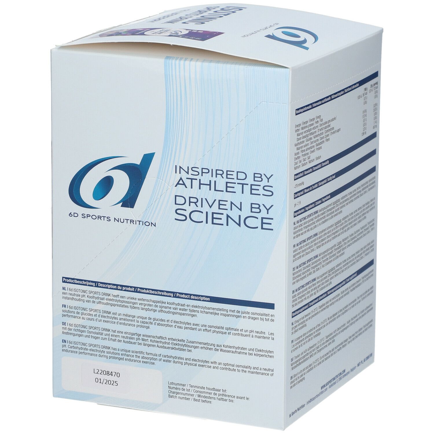 Côté de l'emballage du produit. Logo 6D Sports Nutrition. Texte: Inspiré par les athlètes, guidé par la science. Informations sur l'utilisation.