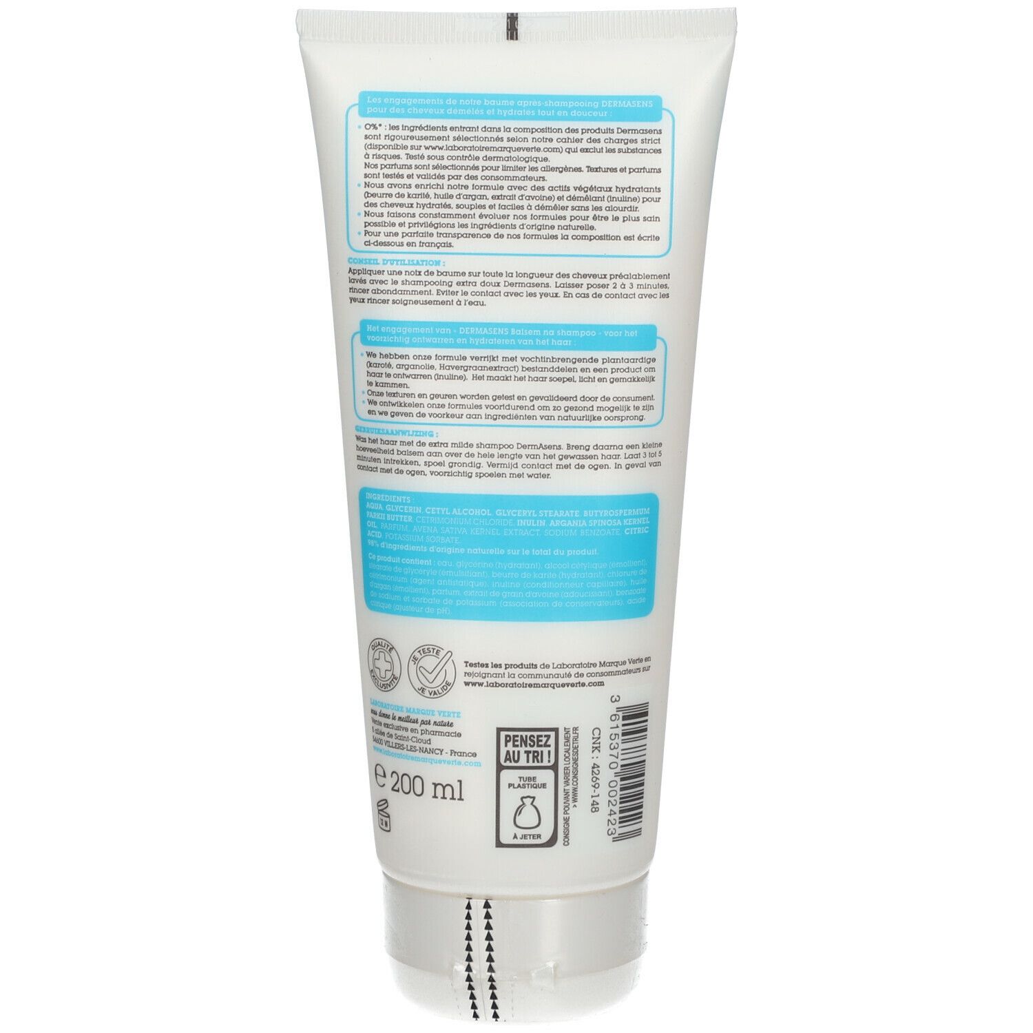 Dos d'un tube blanc. Texte en plusieurs langues. Contient des informations sur le produit et ses ingrédients. 200 ml.
