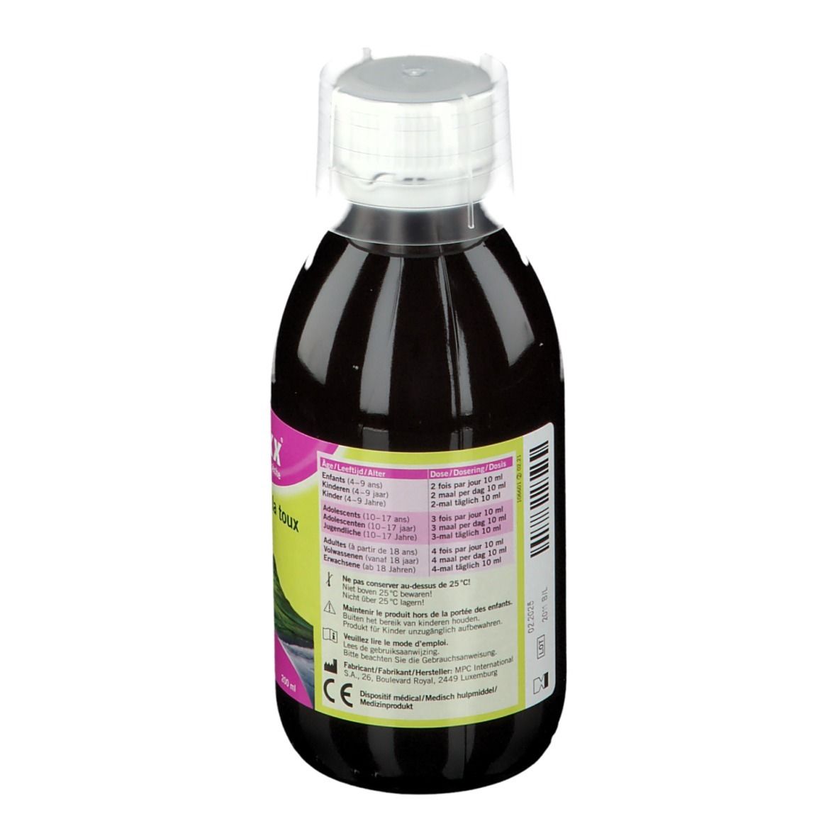 Boîte avec inscription : Stilaxx, toux sèche. Contient mousse d'Islande, racine de guimauve, racine de réglisse. 200 ml. Sans alcool et sans sucre.