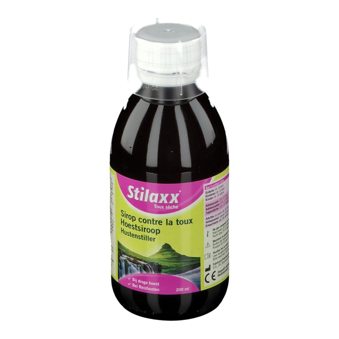 Flacon brun avec bouchon blanc. Inscription : Stilaxx, sirop contre la toux sèche. Étiquette verte avec paysage. 200 ml.