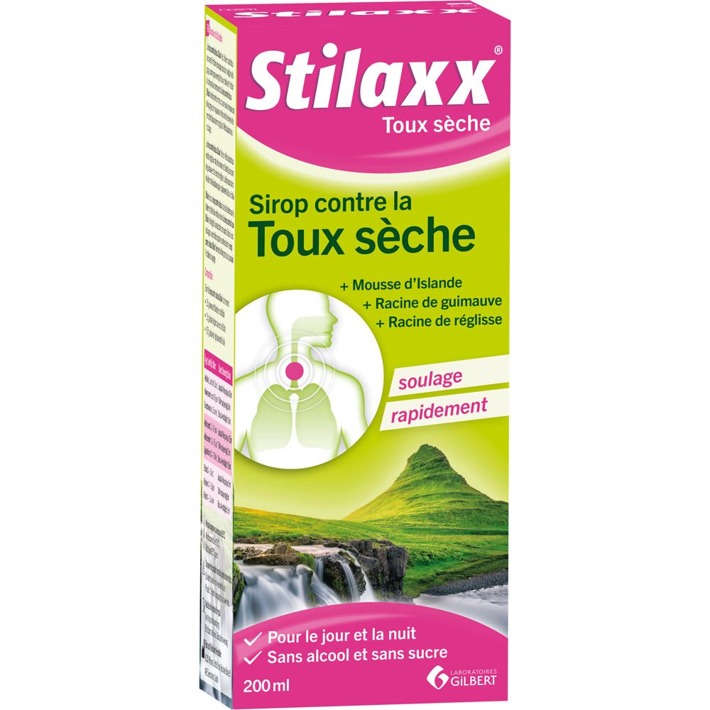 Flacon brun avec bouchon blanc. Inscription : Stilaxx, sirop contre la toux sèche. Étiquette verte avec paysage. 200 ml.
