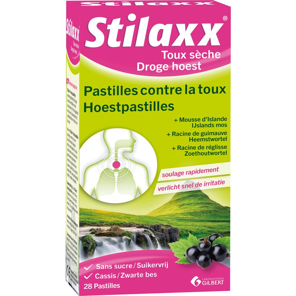 Boîte Stilaxx Pastilles contre la toux. Rose et blanc. 28 pastilles. Illustration gorge. Cassis.