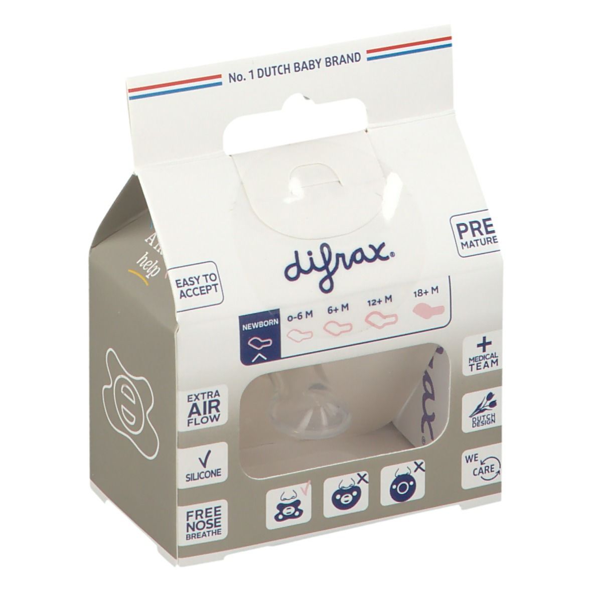 Emballage avec sucette. Marque difrax. Fenêtre montre la sucette. Texte: Dental Newborn.