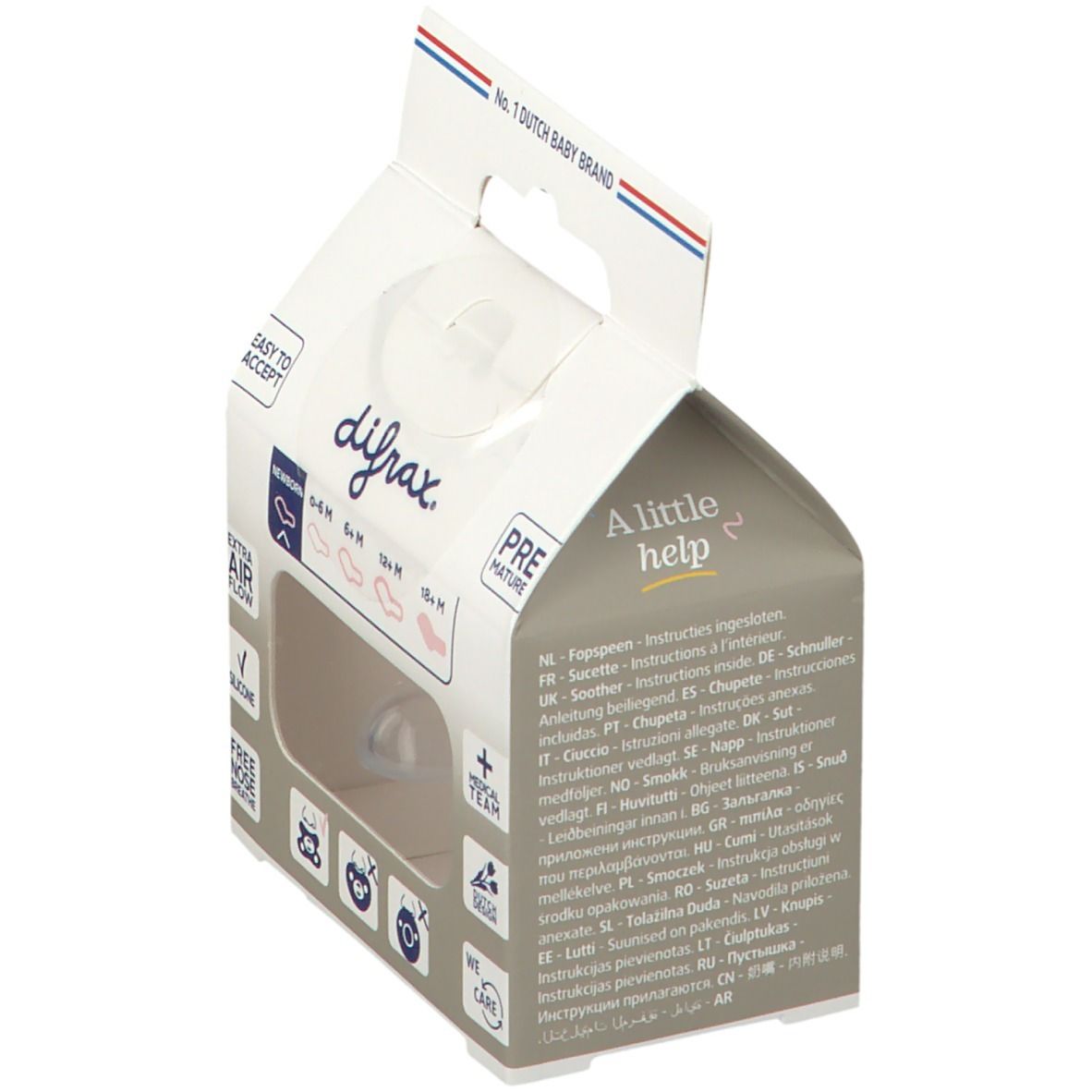 Emballage avec sucette. Marque difrax. Fenêtre montre la sucette. Texte: Dental Newborn.