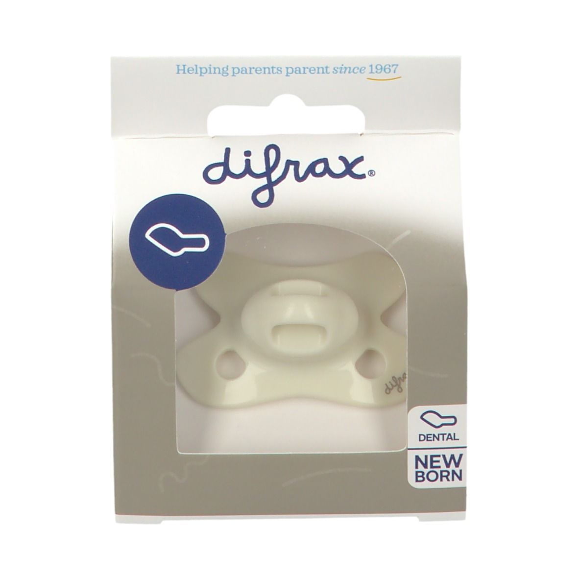 Emballage avec sucette. Marque difrax. Fenêtre montre la sucette. Texte: Dental Newborn.