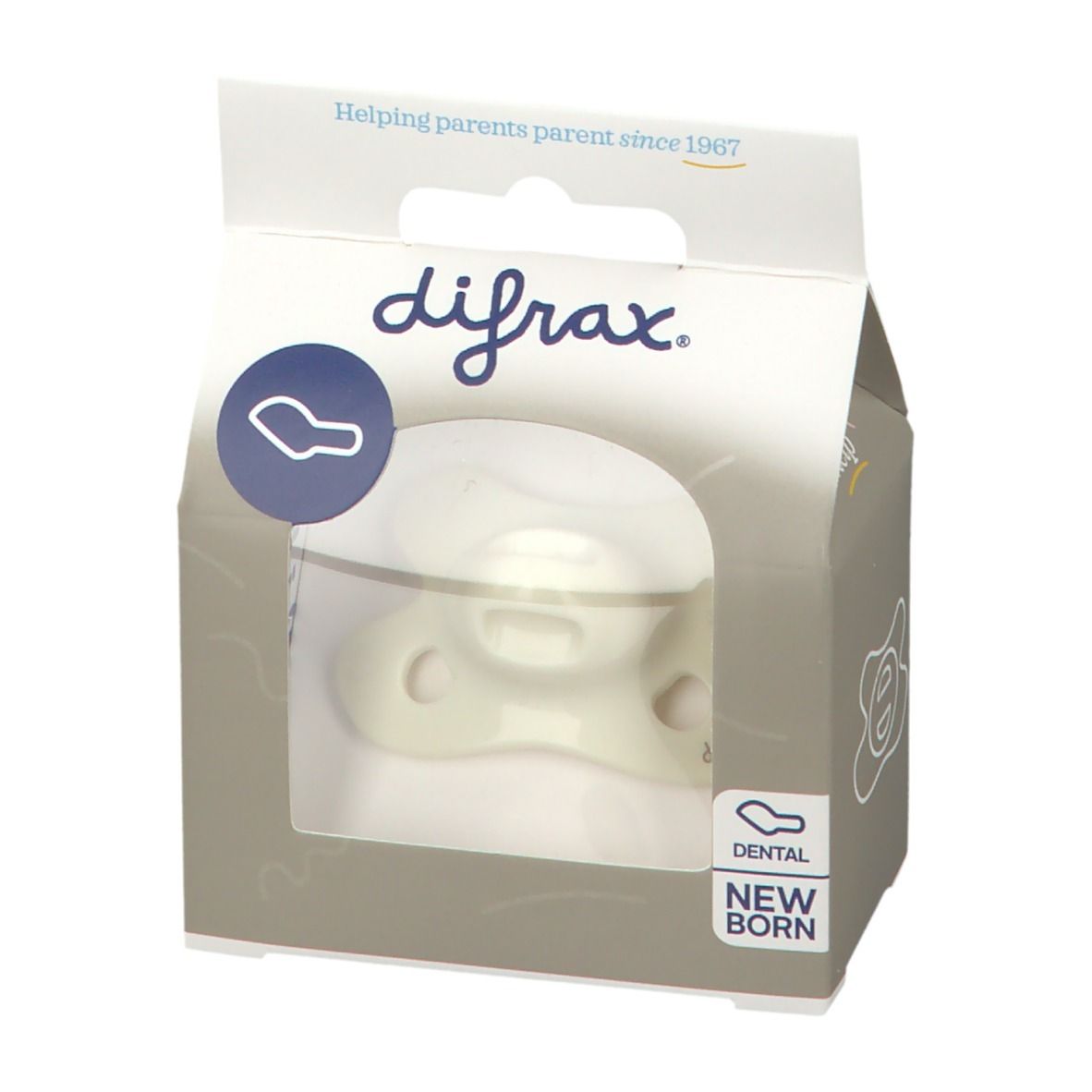Emballage avec sucette. Marque difrax. Fenêtre montre la sucette. Texte: Dental Newborn.