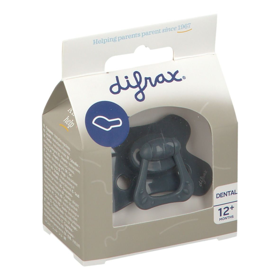 Emballage avec sucette. Marque difrax. Fenêtre transparente. Inscription : Dental, 12+ mois. Aide aux parents depuis 1967.