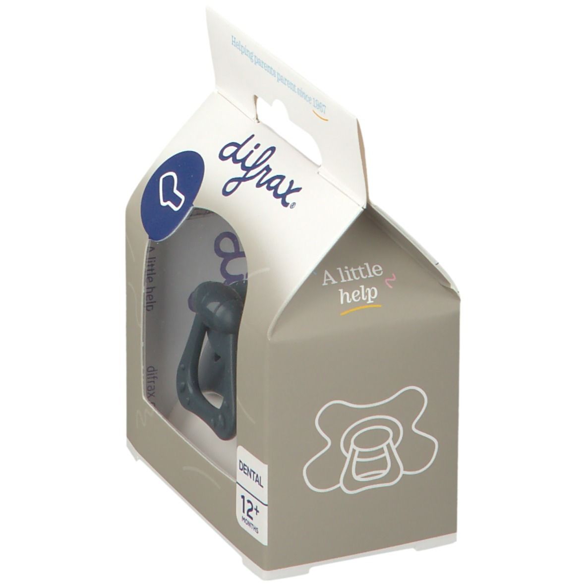 Emballage avec sucette. Marque difrax. Fenêtre transparente. Inscription : Dental, 12+ mois. Aide aux parents depuis 1967.