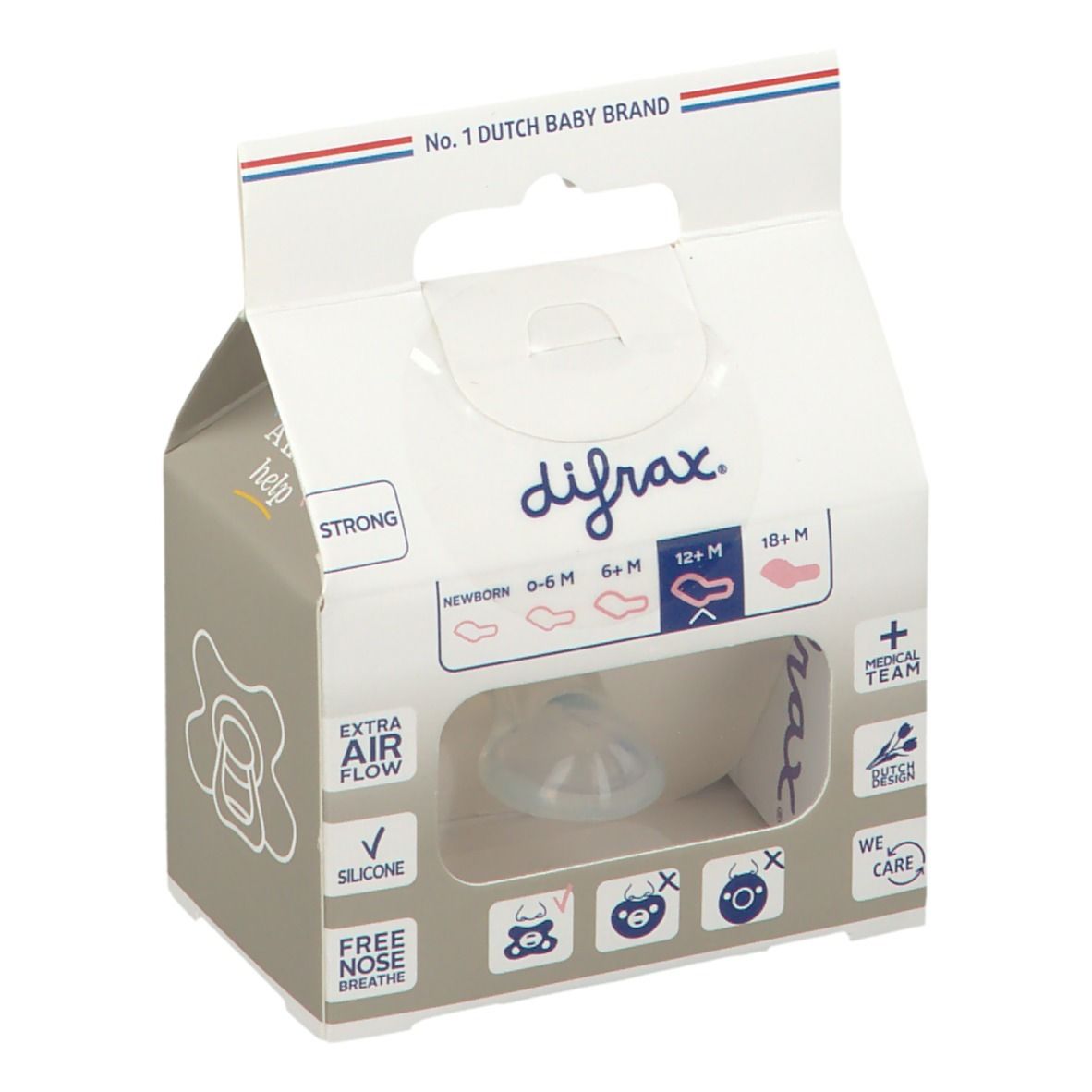 Emballage avec sucette. Marque difrax. Fenêtre transparente. Inscription : Dental, 12+ mois. Aide aux parents depuis 1967.