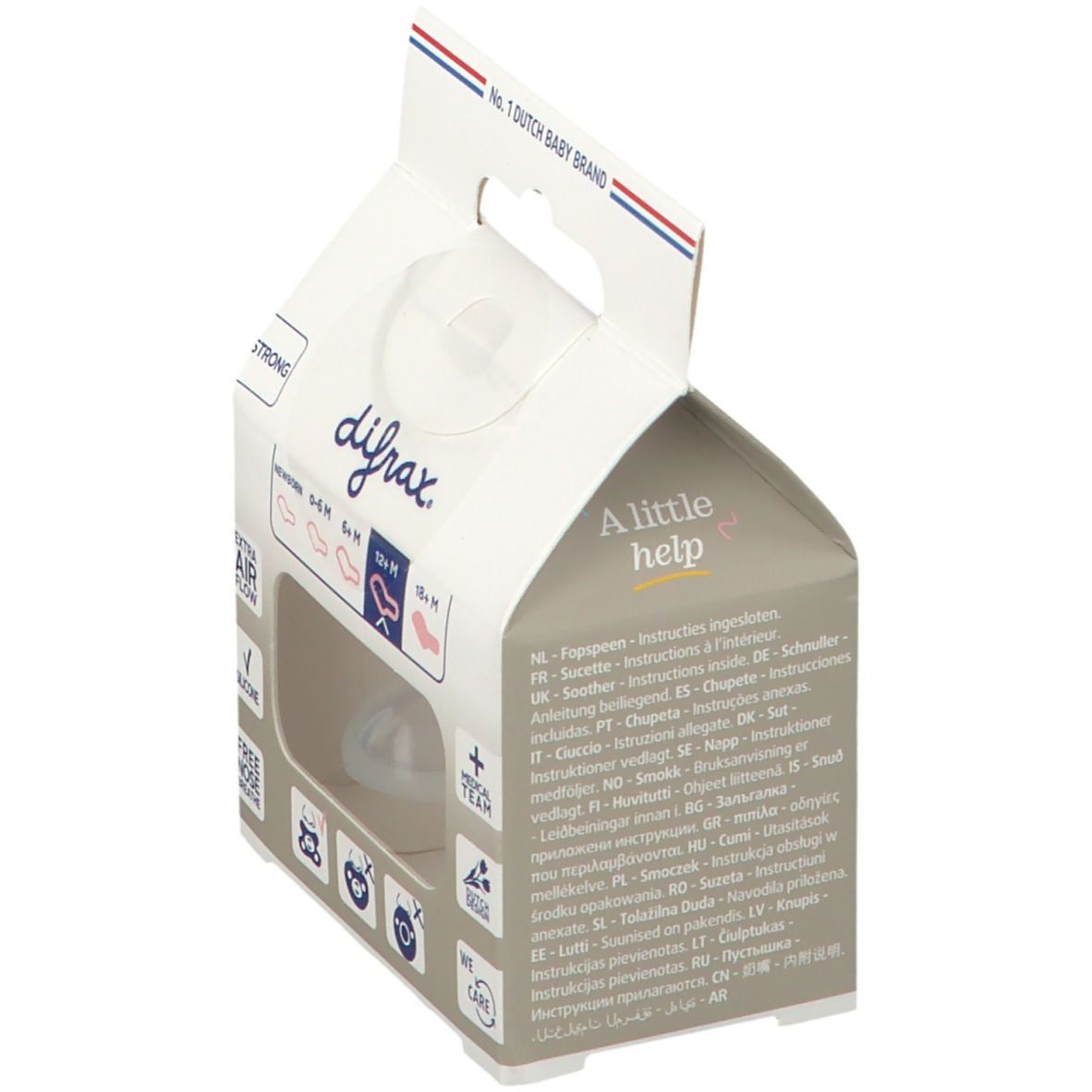 Emballage avec sucette. Marque difrax. Fenêtre transparente. Inscription : Dental, 12+ mois. Aide aux parents depuis 1967.