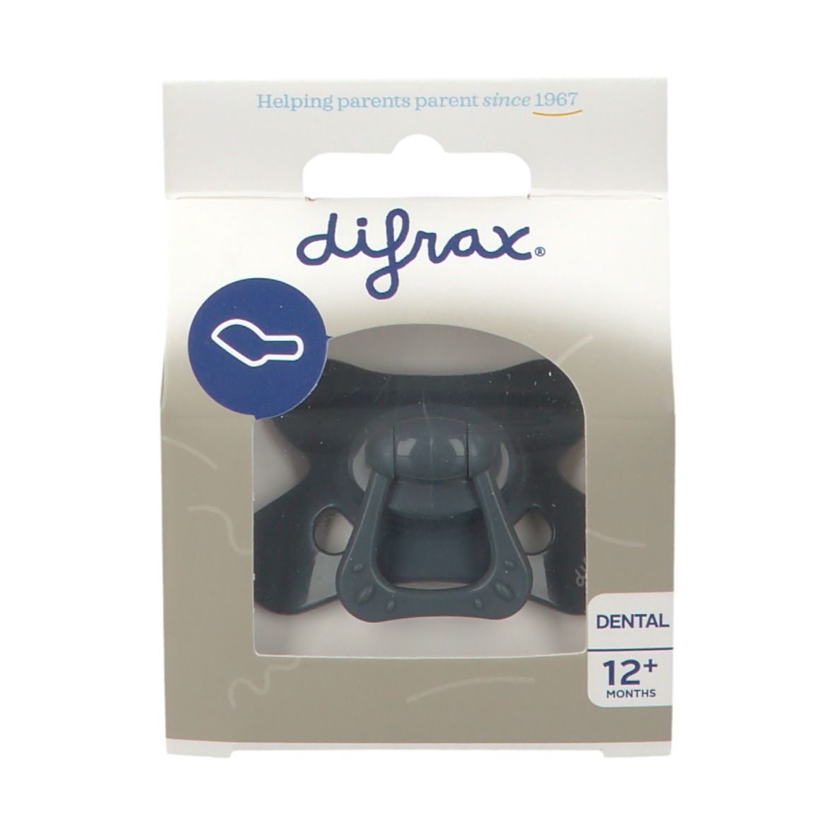 Emballage avec sucette. Marque difrax. Fenêtre transparente. Inscription : Dental, 12+ mois. Aide aux parents depuis 1967.