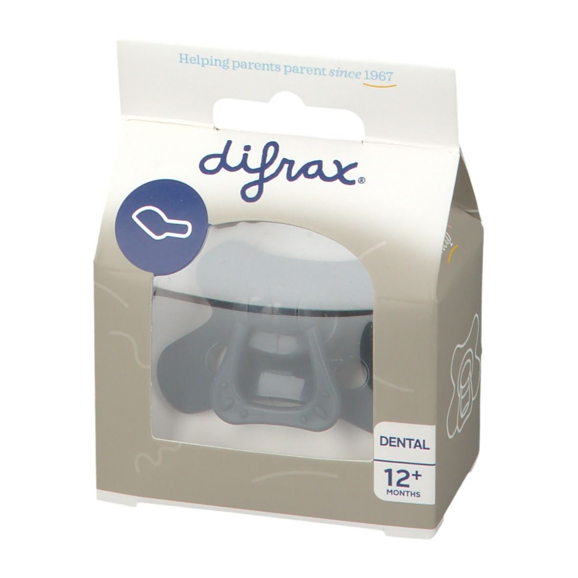 Emballage avec sucette. Marque difrax. Fenêtre transparente. Inscription : Dental, 12+ mois. Aide aux parents depuis 1967.