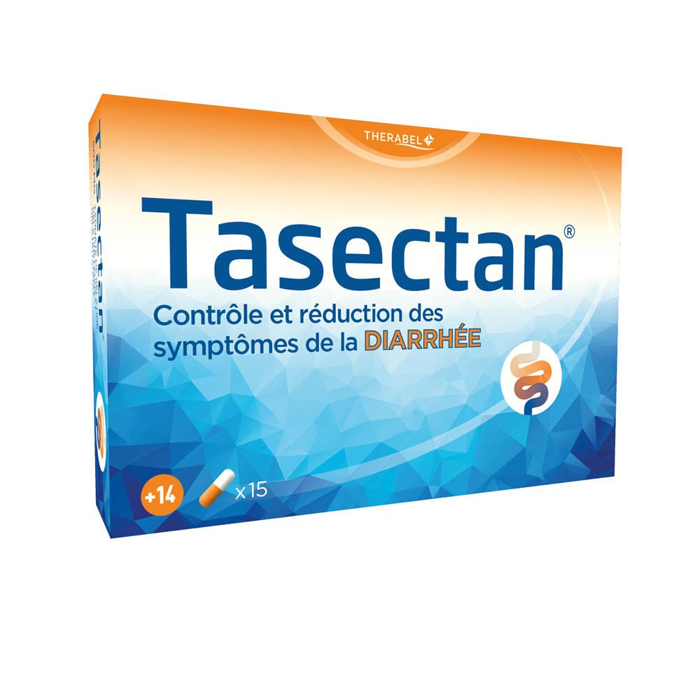 Boîte de produit Tasectan. Emballage bleu et orange. Texte : Contrôle et réduction des symptômes de la diarrhée.