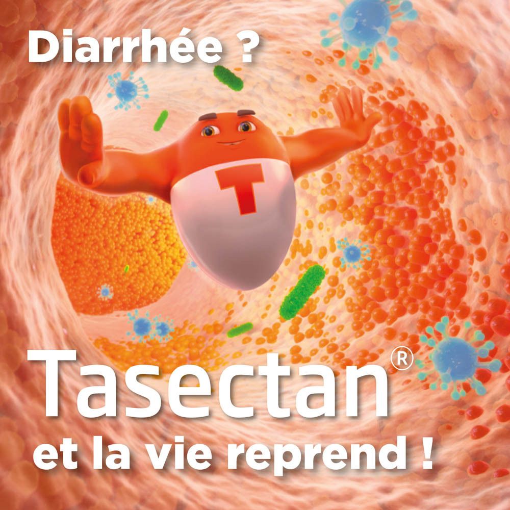 Boîte de produit Tasectan. Emballage bleu et orange. Texte : Contrôle et réduction des symptômes de la diarrhée.
