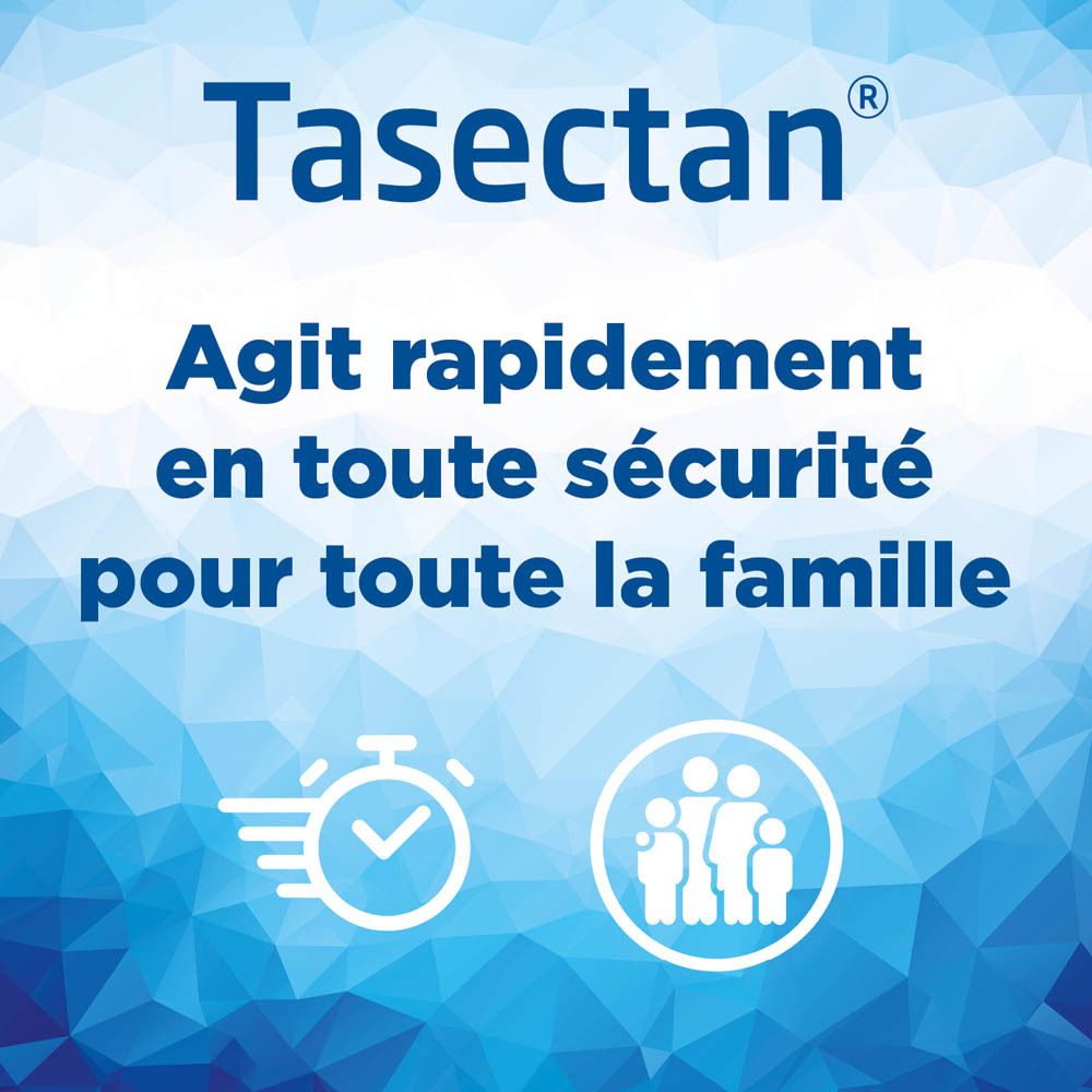 Boîte de produit Tasectan. Emballage bleu et orange. Texte : Contrôle et réduction des symptômes de la diarrhée.