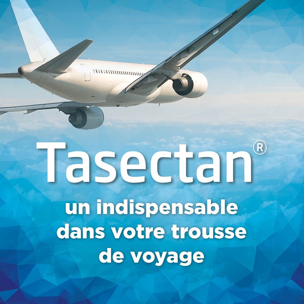 Boîte de produit Tasectan. Emballage bleu et orange. Texte : Contrôle et réduction des symptômes de la diarrhée.