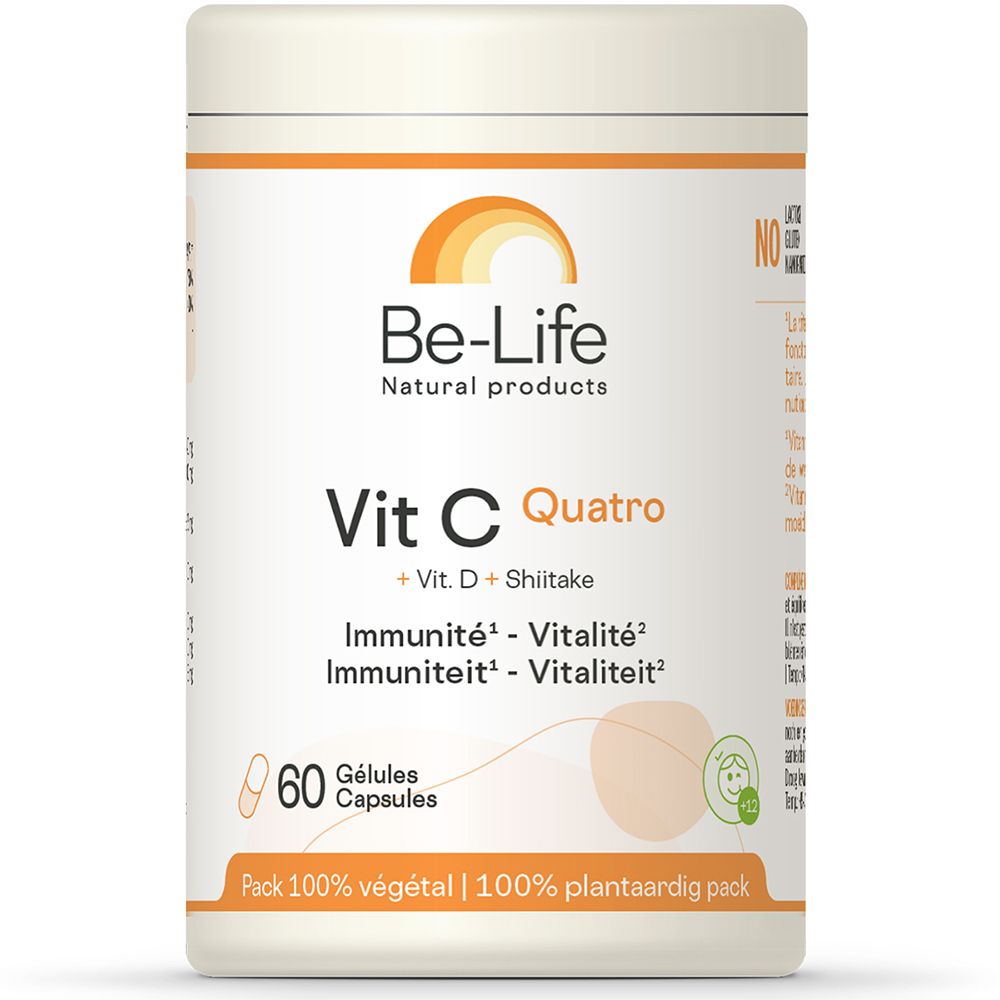 Boîte blanche Be-Life Vit C Quatro avec accents orange. 60 gélules. Inscription: Vit C Quatro, + Vit. D + Shiitake. Pack 100% végétal.