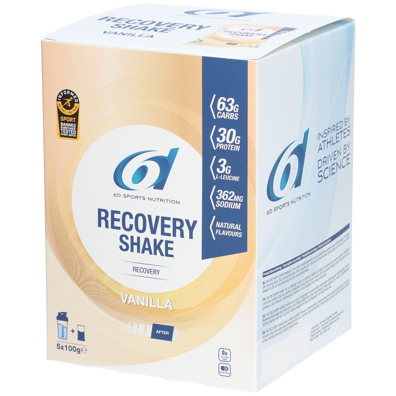 Boîte 6D Sports Nutrition Recovery Shake Vanilla. Contient 63g glucides, 30g protéines, 3g L-Leucine, 362mg sodium. Certification sportive.