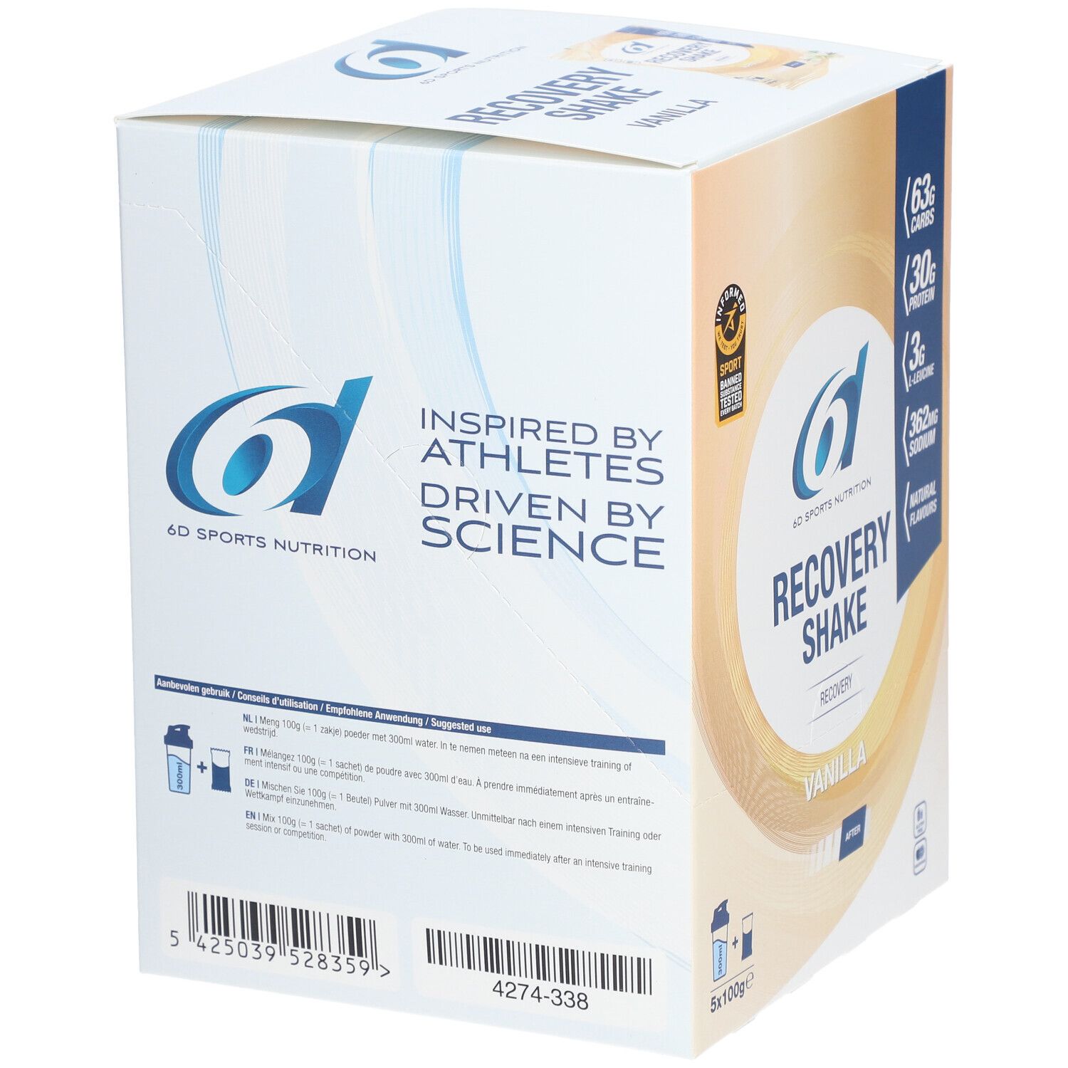 Boîte 6D Sports Nutrition Recovery Shake Vanilla. Dos avec informations nutritionnelles et instructions. Code-barres et numéro de produit.