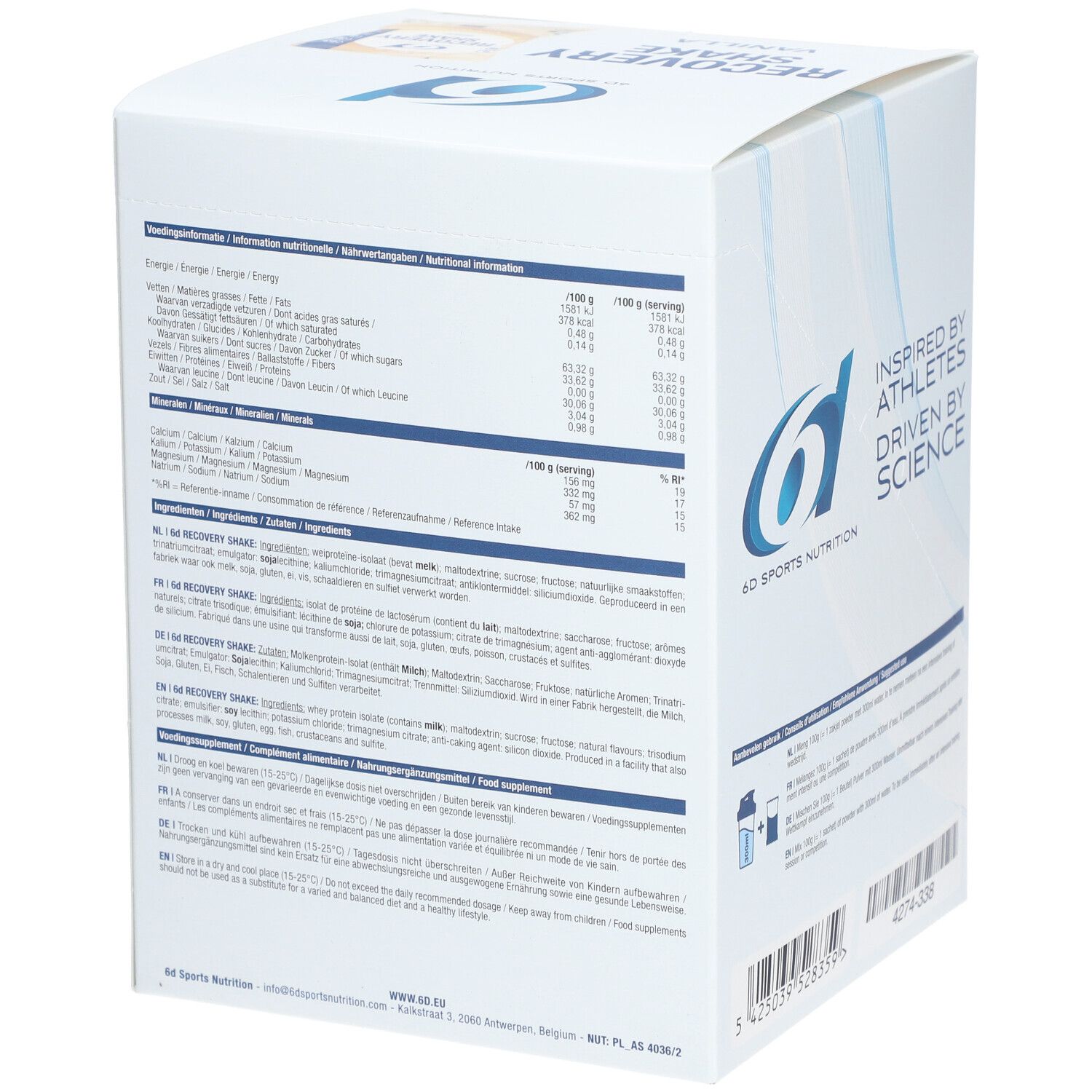 Dos de l'emballage 6D Sports Nutrition Recovery Shake Vanilla. Contient informations nutritionnelles, liste ingrédients et instructions.
