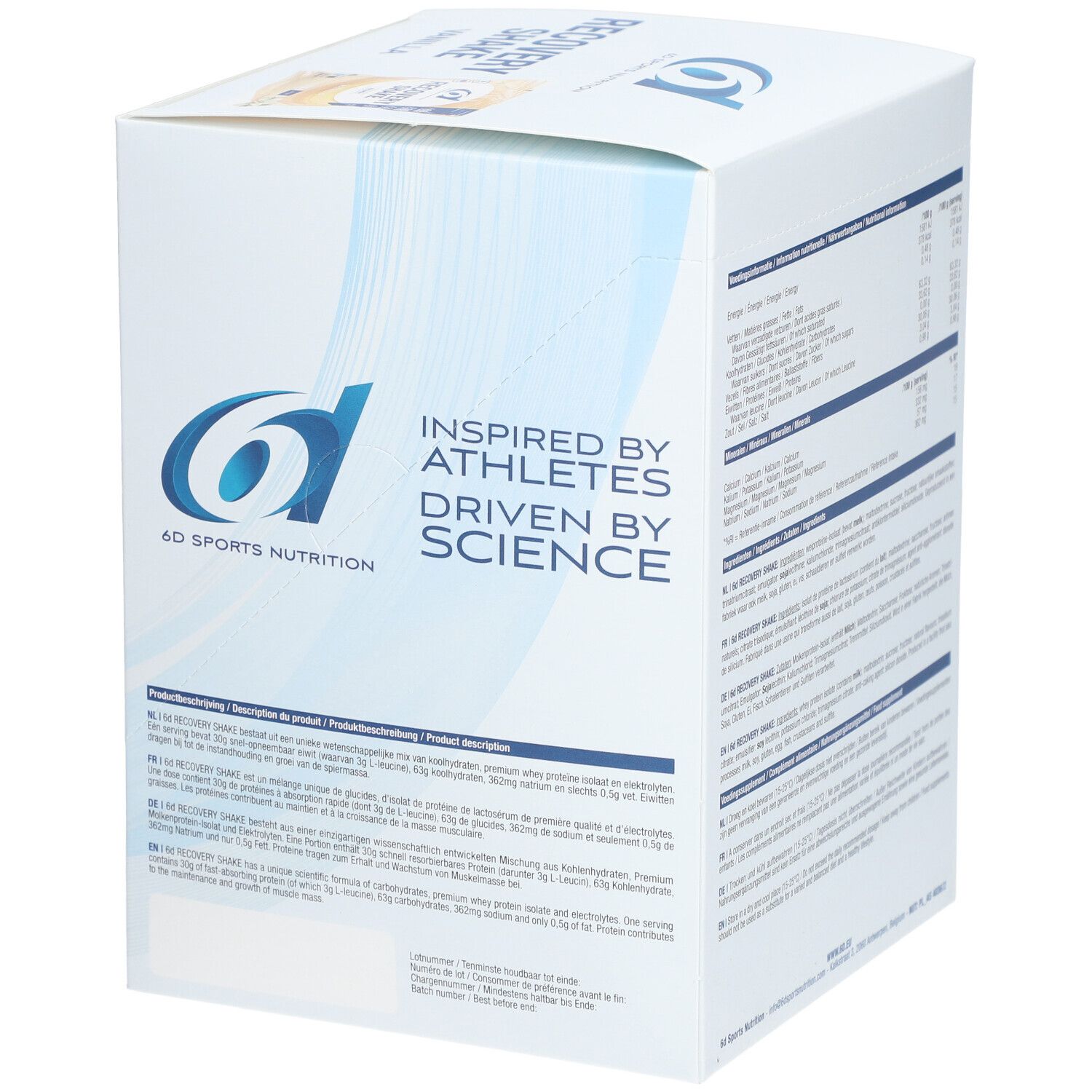Dos de l'emballage 6D Sports Nutrition Recovery Shake Vanilla. Contient informations nutritionnelles, liste ingrédients et instructions.