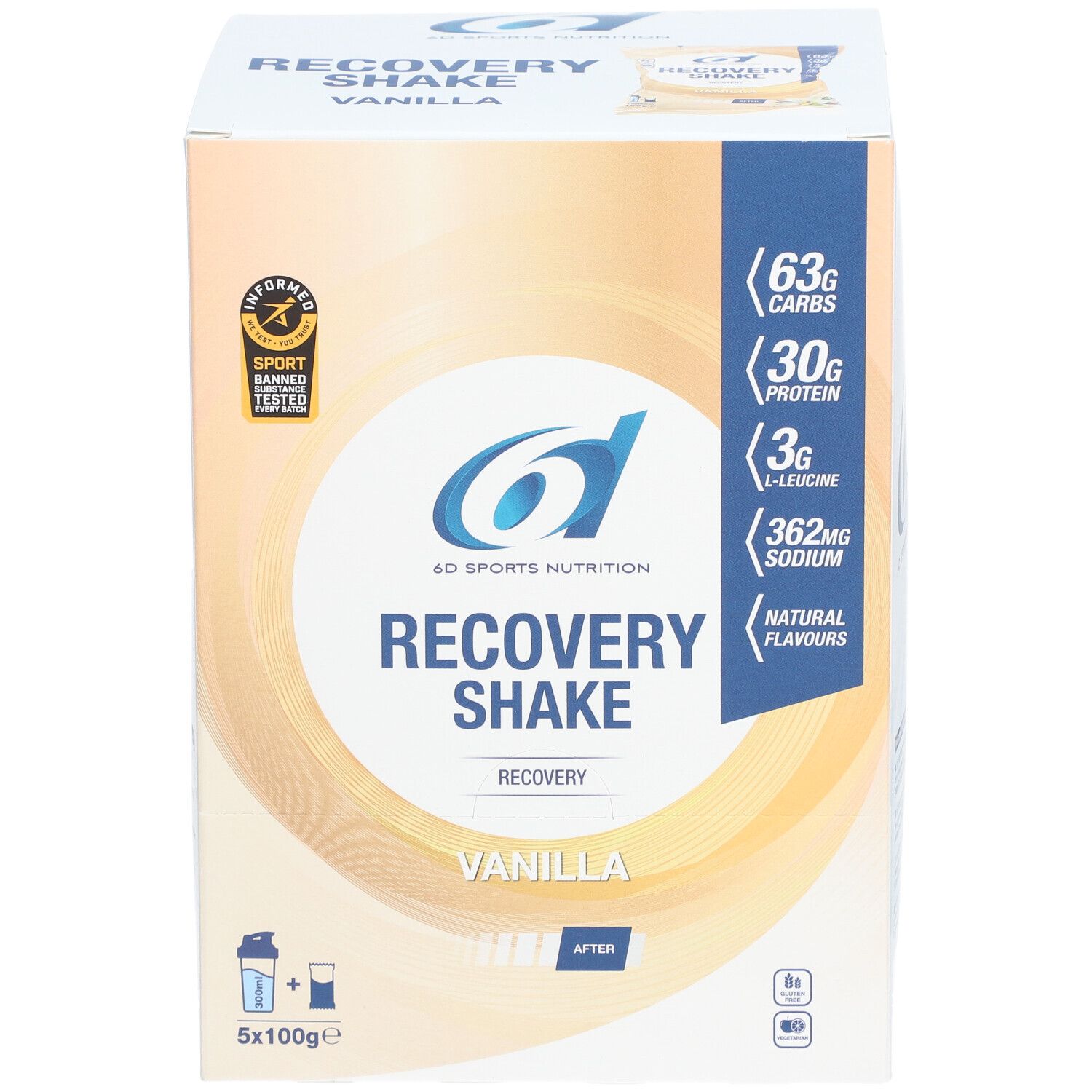Boîte 6D Sports Nutrition Recovery Shake Vanilla. Contient 63g glucides, 30g protéines, 3g L-Leucine, 362mg sodium. Certification sportive.