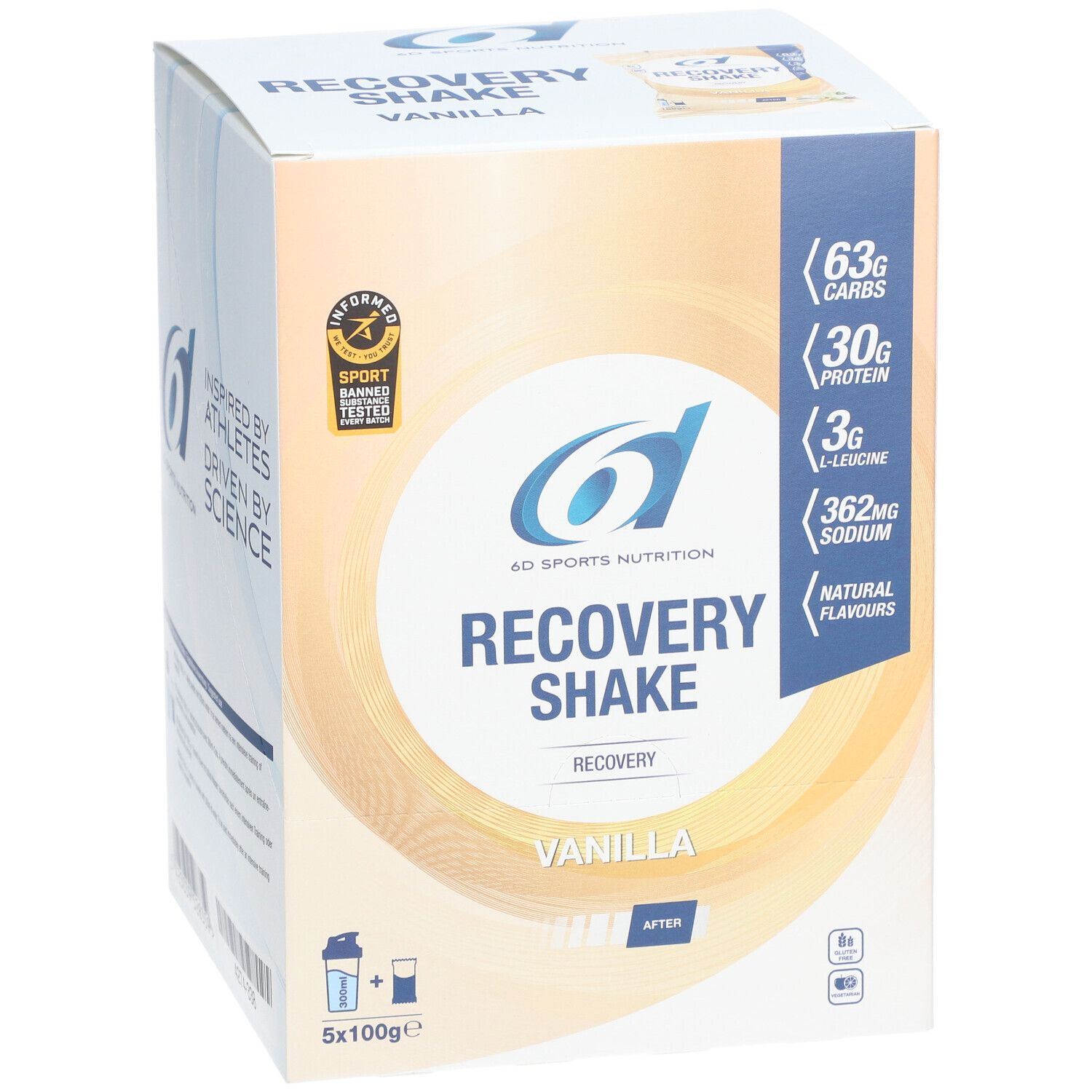Boîte 6D Sports Nutrition Recovery Shake Vanilla. Contient 63g glucides, 30g protéines, 3g L-Leucine, 362mg sodium. Certification sportive.