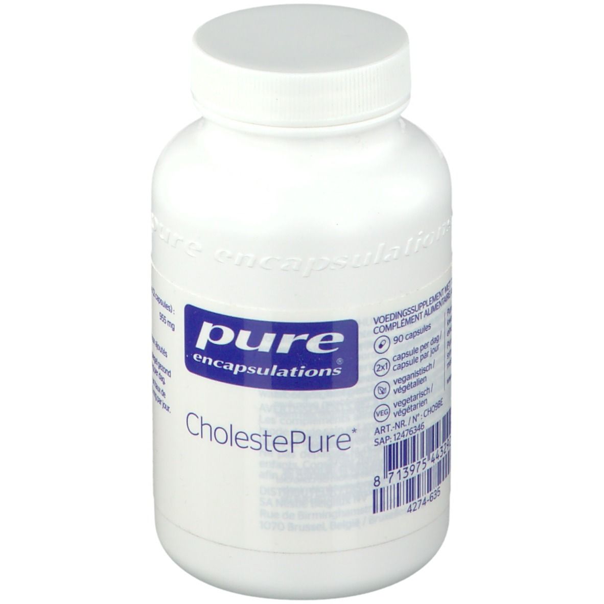 Flacon blanc avec étiquette bleue. Inscription: pure encapsulations® CholestePure. 90 gélules.