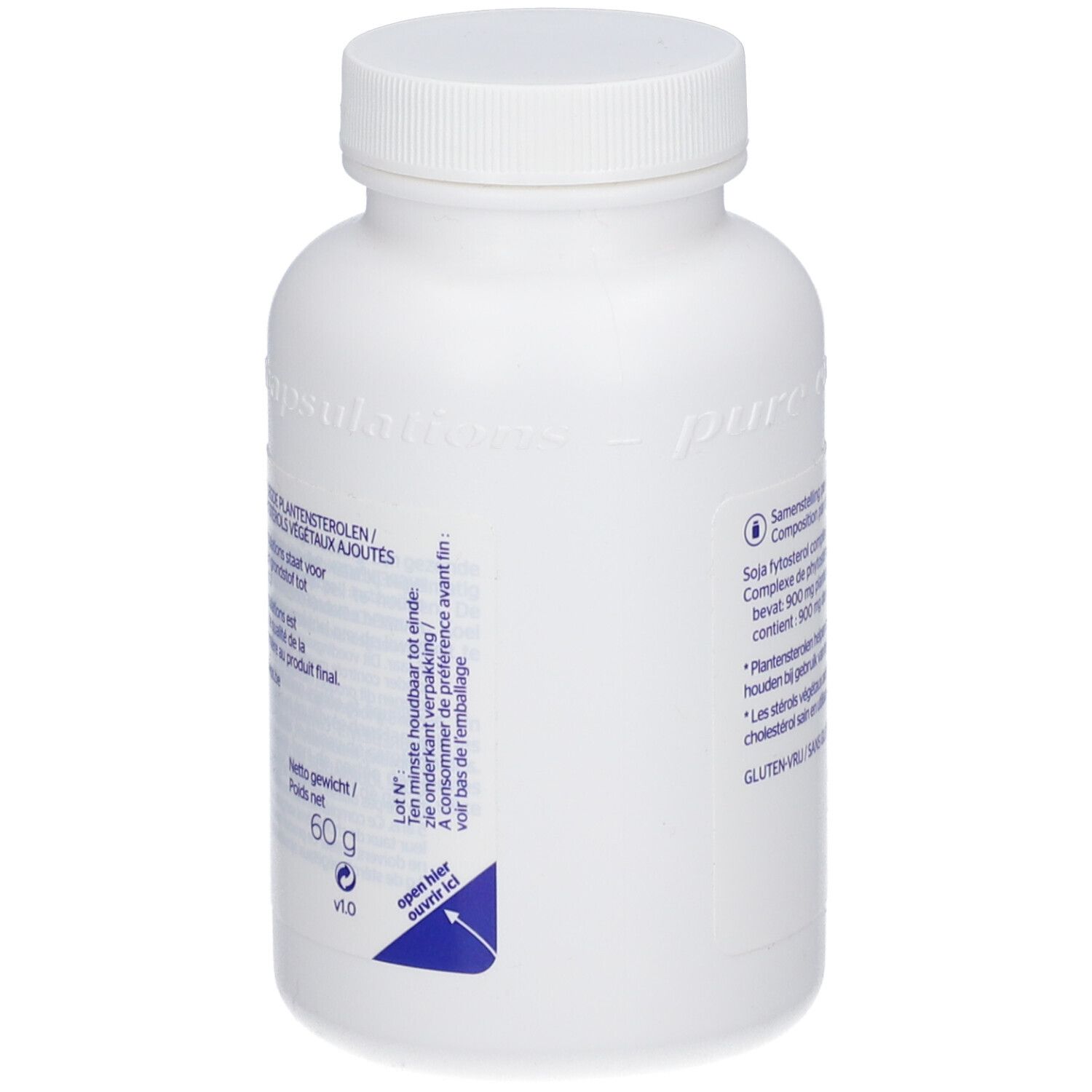 Flacon blanc avec étiquette bleue. Inscription: pure encapsulations® CholestePure. Contient 60g.