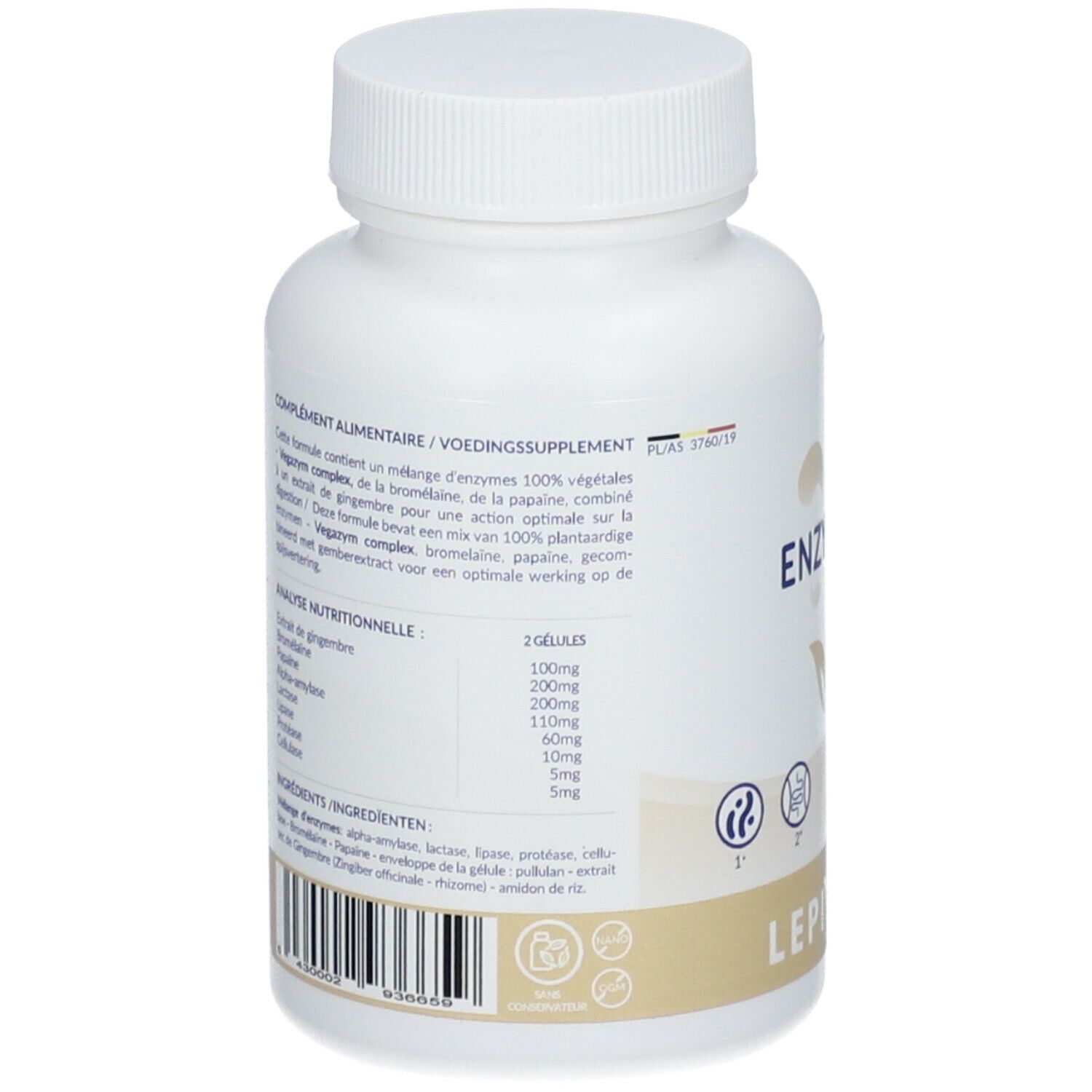Dos du flacon blanc LEPIVITS Enzyvits. Texte avec analyse nutritionnelle et ingrédients.