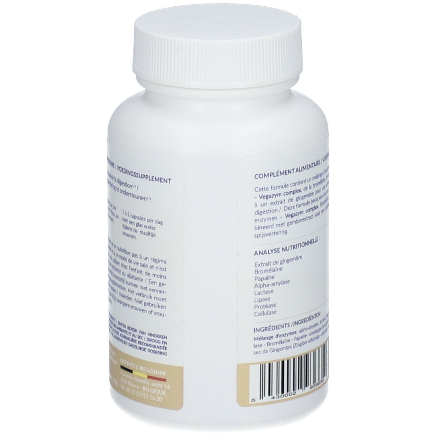 Dos du flacon blanc LEPIVITS Enzyvits. Texte avec recommandations et ingrédients.